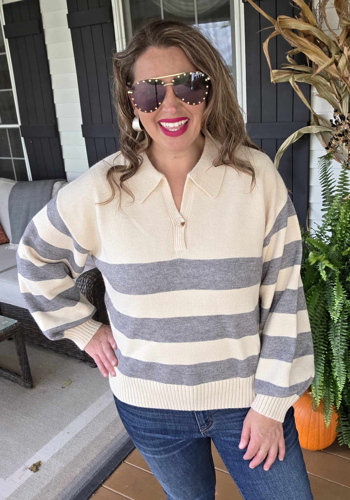 GREY STRIPED V NECK BUTTON TRIM SWEATER