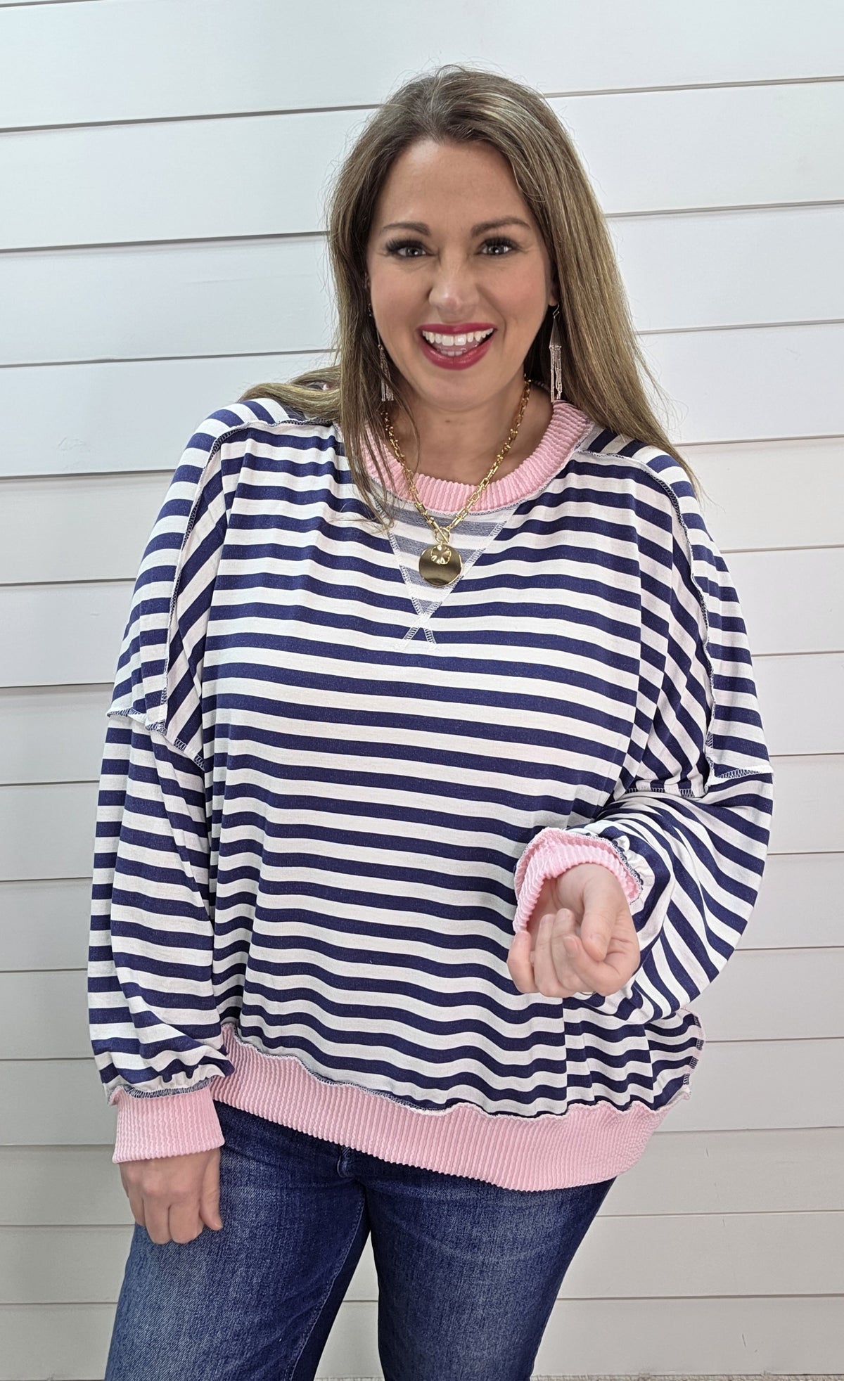 NAVY STRIPED OVERSIZED TOP W/ PINK RAISED RIBBED TRIM