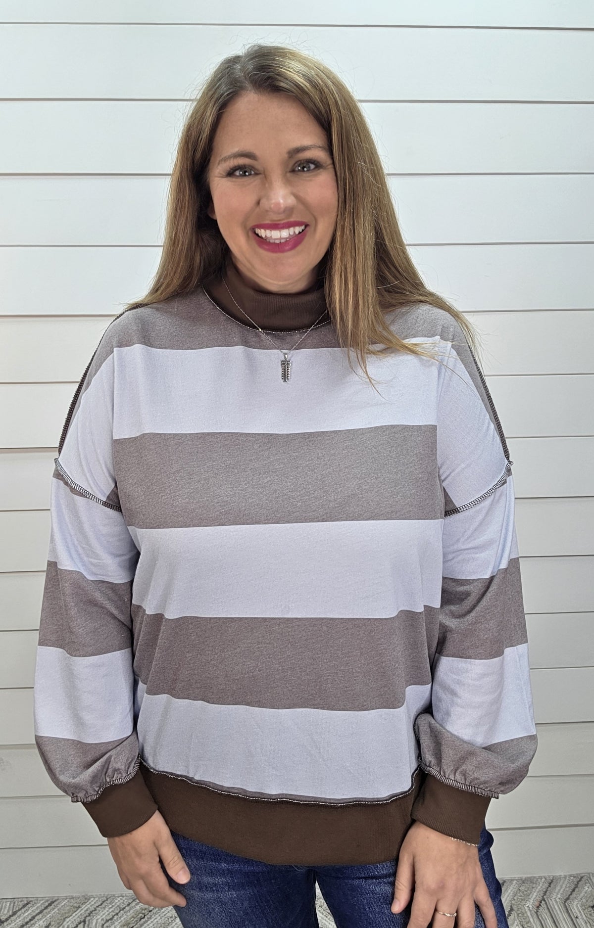 BLUE/BROWN BOLD STRIPE MOCK NECK