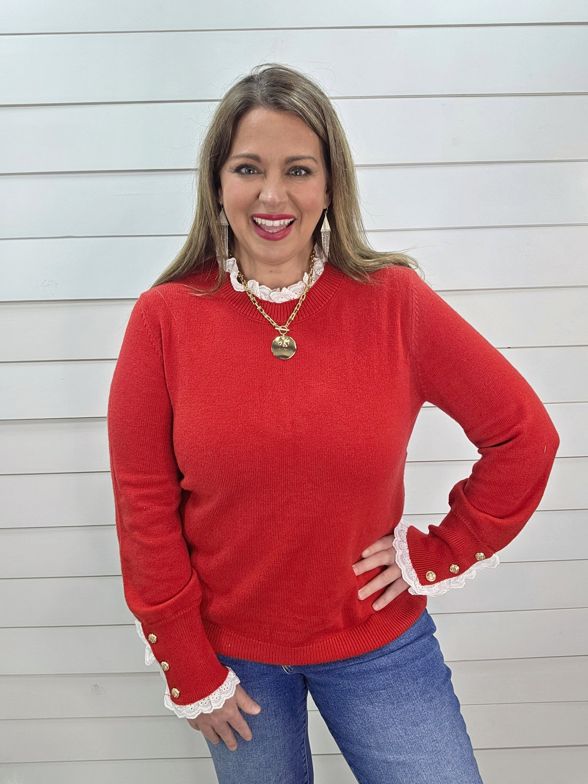 RED LACE TRIM SOFT PULLOVER SWEATER