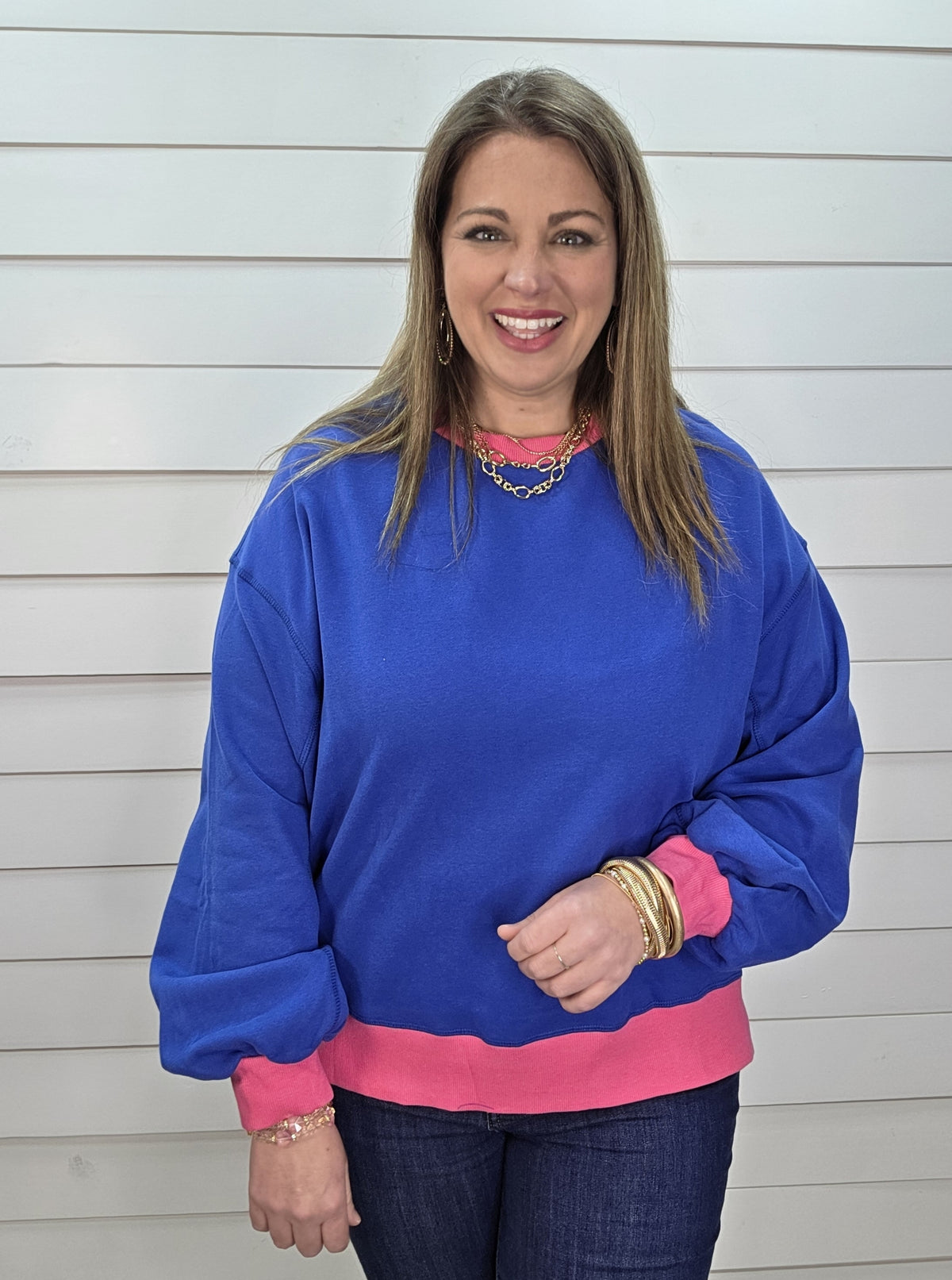 BLUE/HOT PINK TRIM PULLOVER