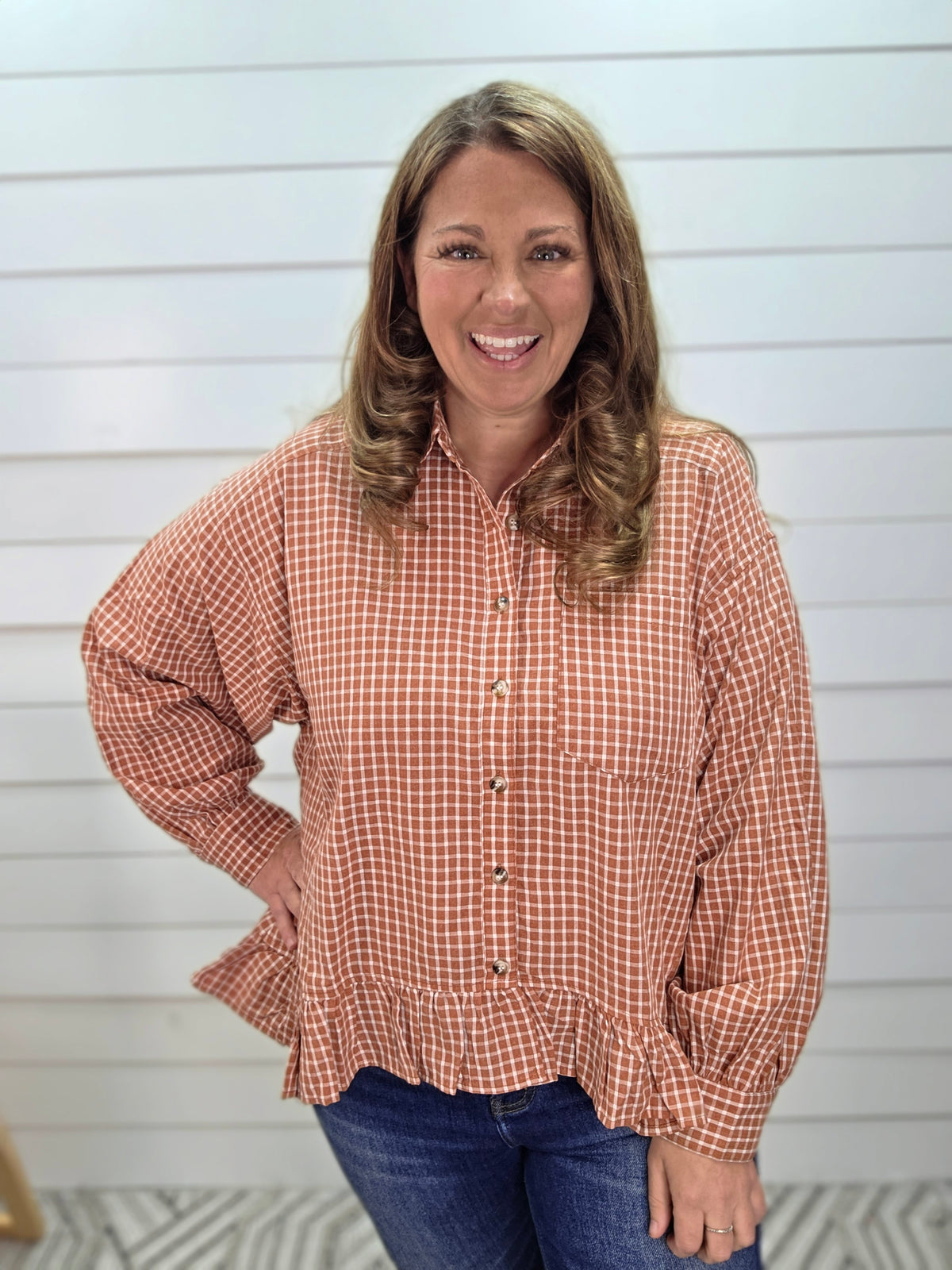 CHESTNUT PLAID BUTTON DOWN RUFFLE TOP