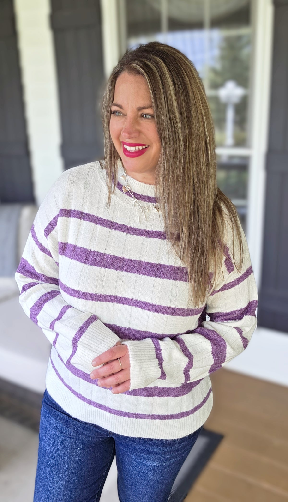 CREAM/PURPLE STRIPED MOCK NECK PULLOVER SWEATER