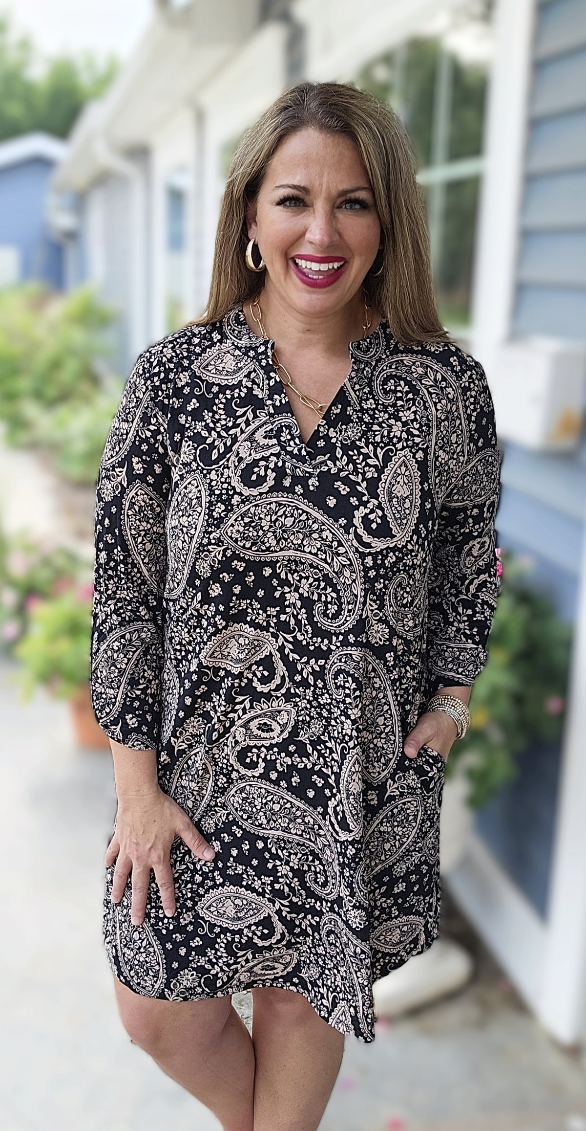 DEAR SCARLETT BLACK/TAUPE PAISLEY 3/4 SLEEVE DRESS S DEAR SCARLETT BLACK/TAUPE PAISLEY 3/4 SLEEVE DRESS S