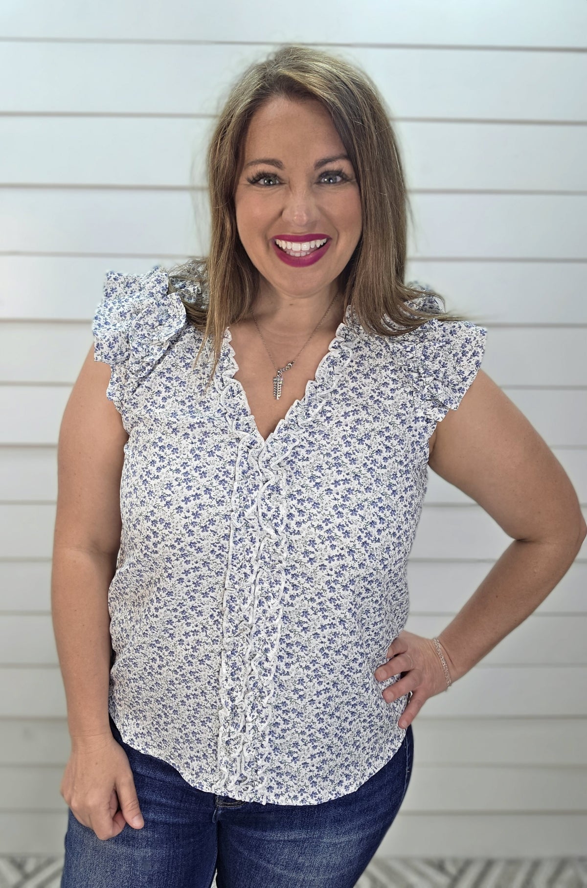 BLUE FLORAL Printed V-Neck Ruffle Cap Sleeve Blouse