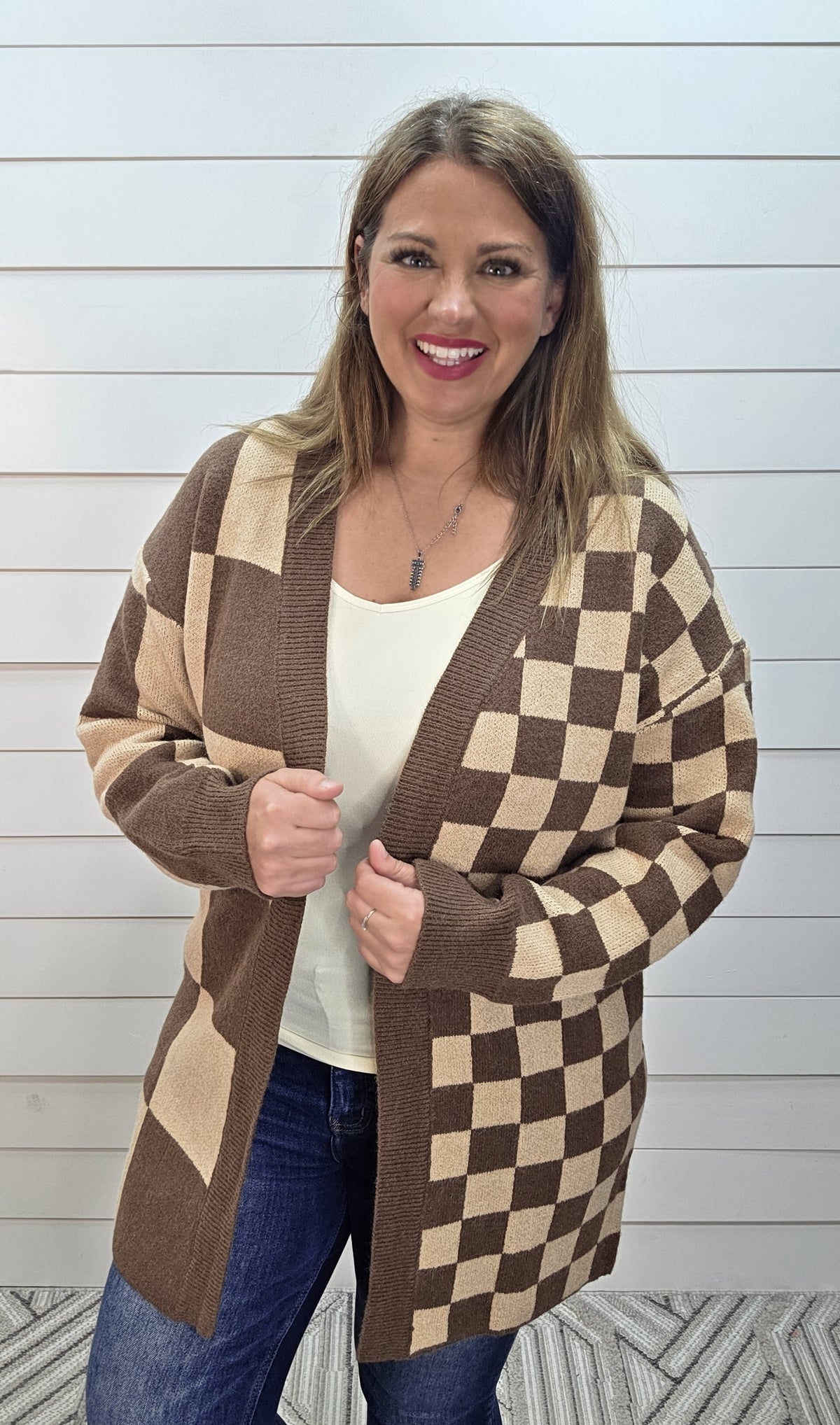 MOCHA/TAUPE CONTRAST CHECKERED CARDIGAN