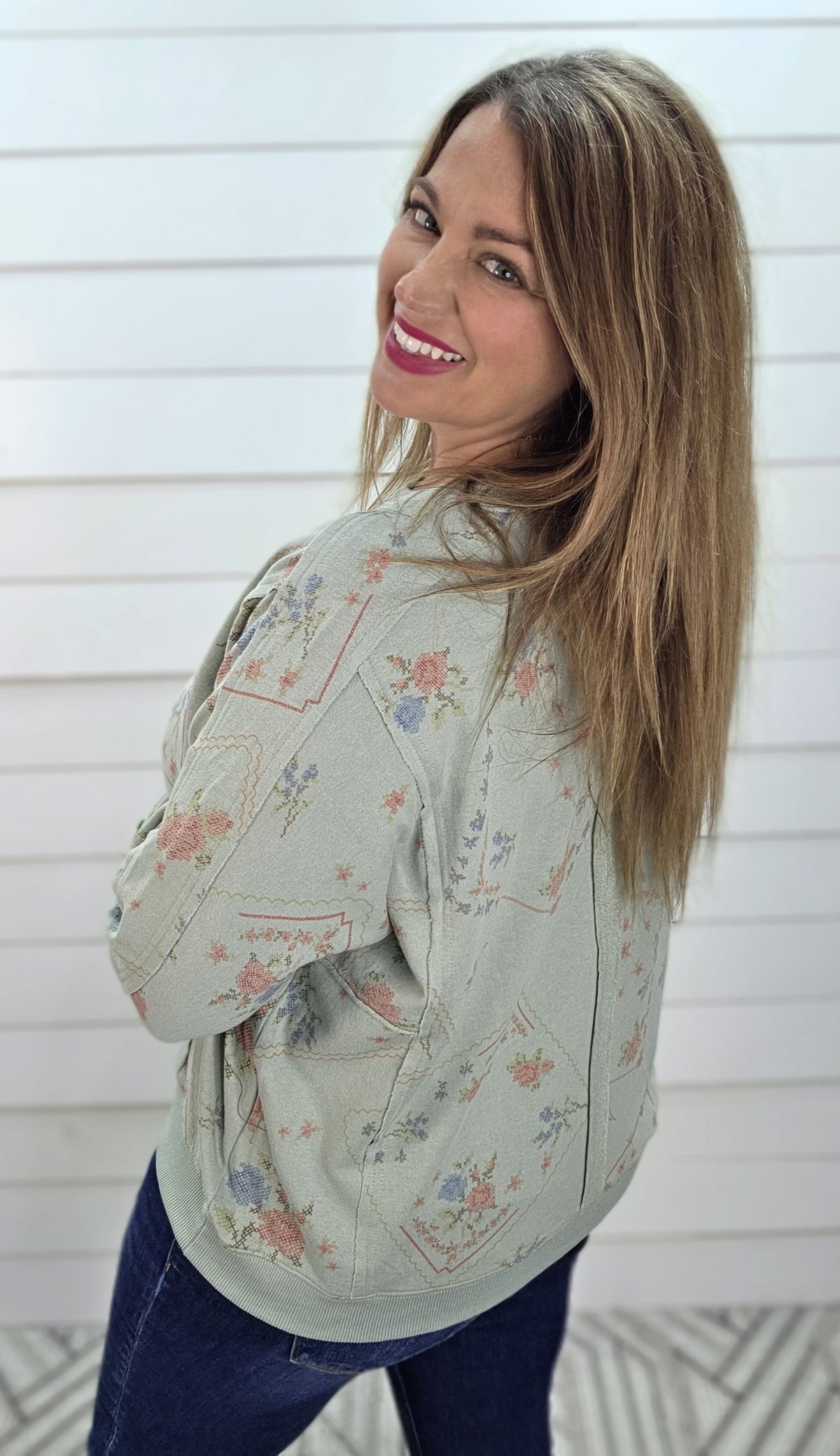 DUSTY BLUE FLORAL VICTORIAN PRINT OVERSIZED TOP