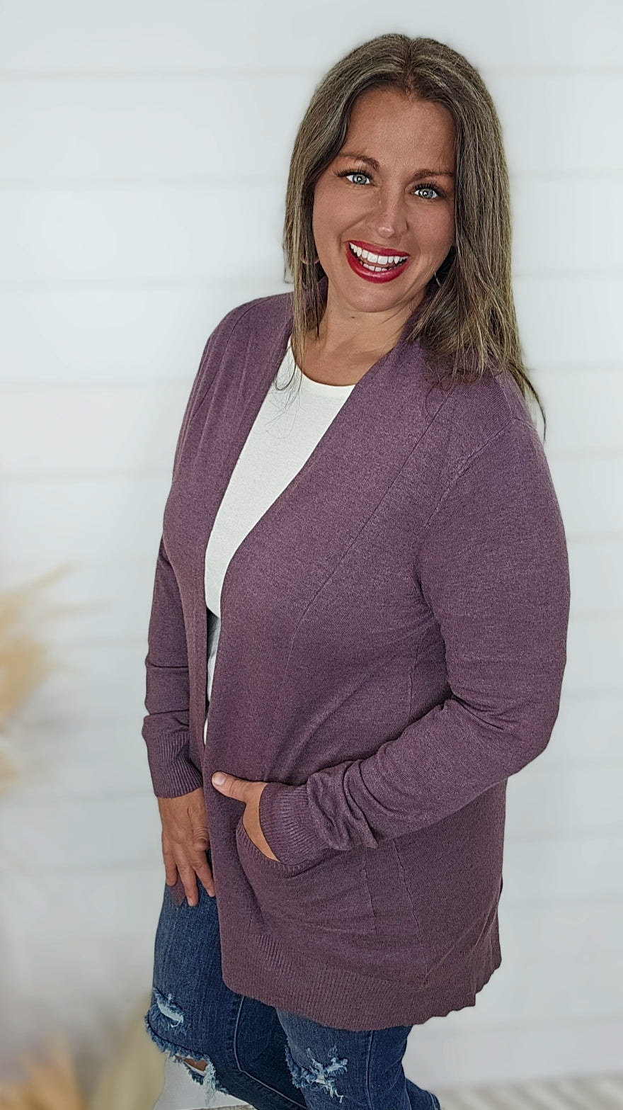 HEATHERED ACAI ULTRA SOFT OPEN CARDIGAN W/ SIDE POCKETS