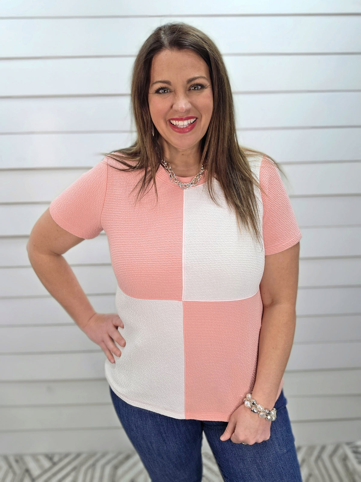 BLOSSOM/OFF WHITE CHECK PATTERN CLOUD FABRIC KNIT TOP