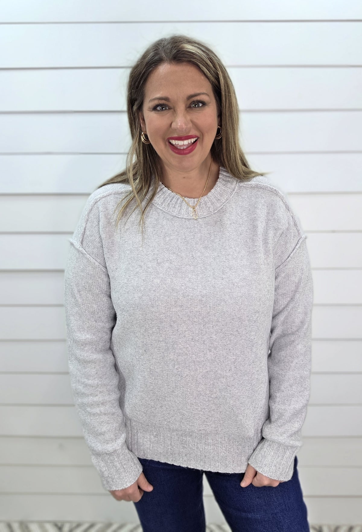 LT GREY ULTRA SOFT SEAM DETAIL PULLOVER SWEATER