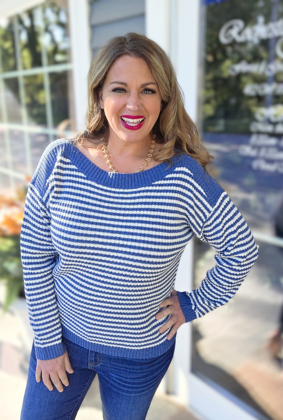 DENIM STRIPED BOAT NECK PULLOVER SWEATER
