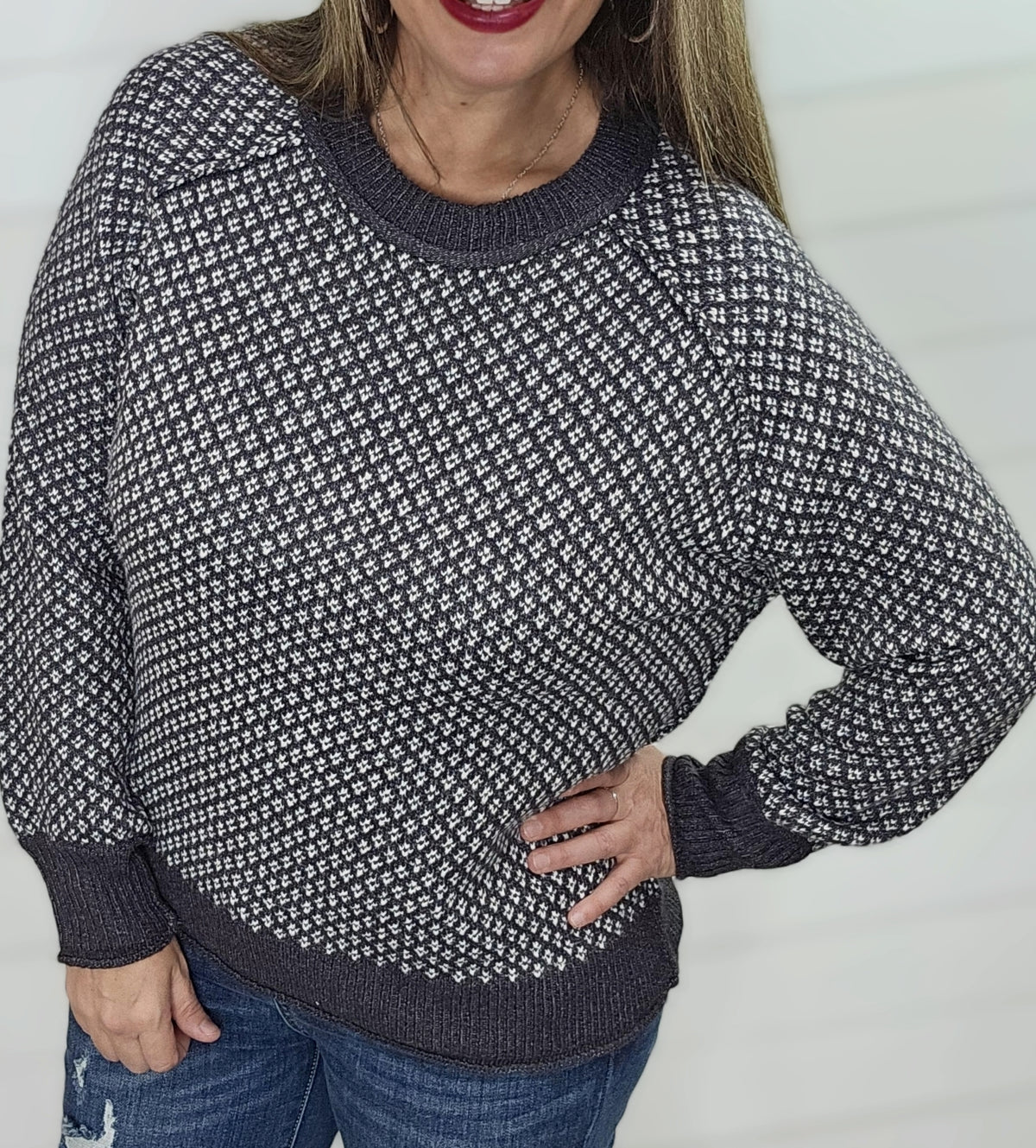 GUNMETAL PRINTED CREW NECK SWEATER