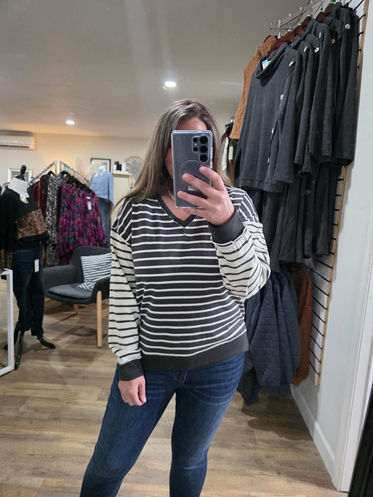 CHARCOAL DOUBLE V STRIPED FRENCH TERRY CONTRAST TOP