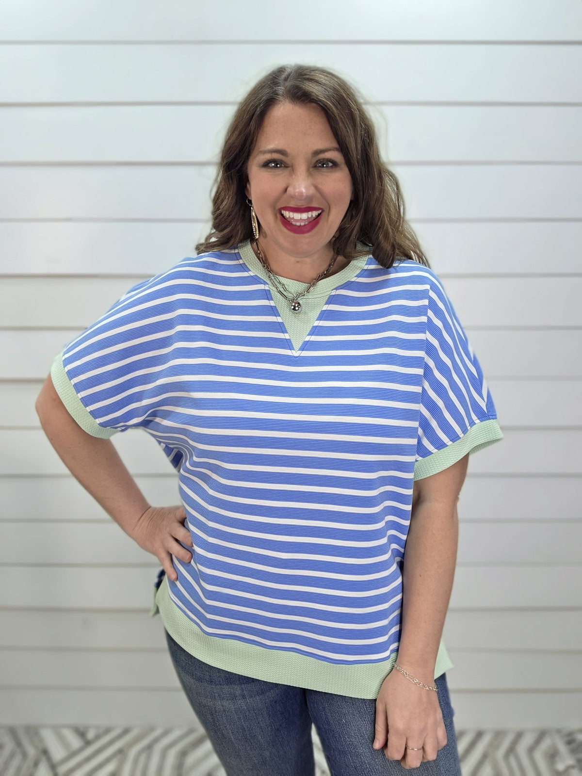 SKY STRIPED KNIT TOP W/ GREEN TRIM
