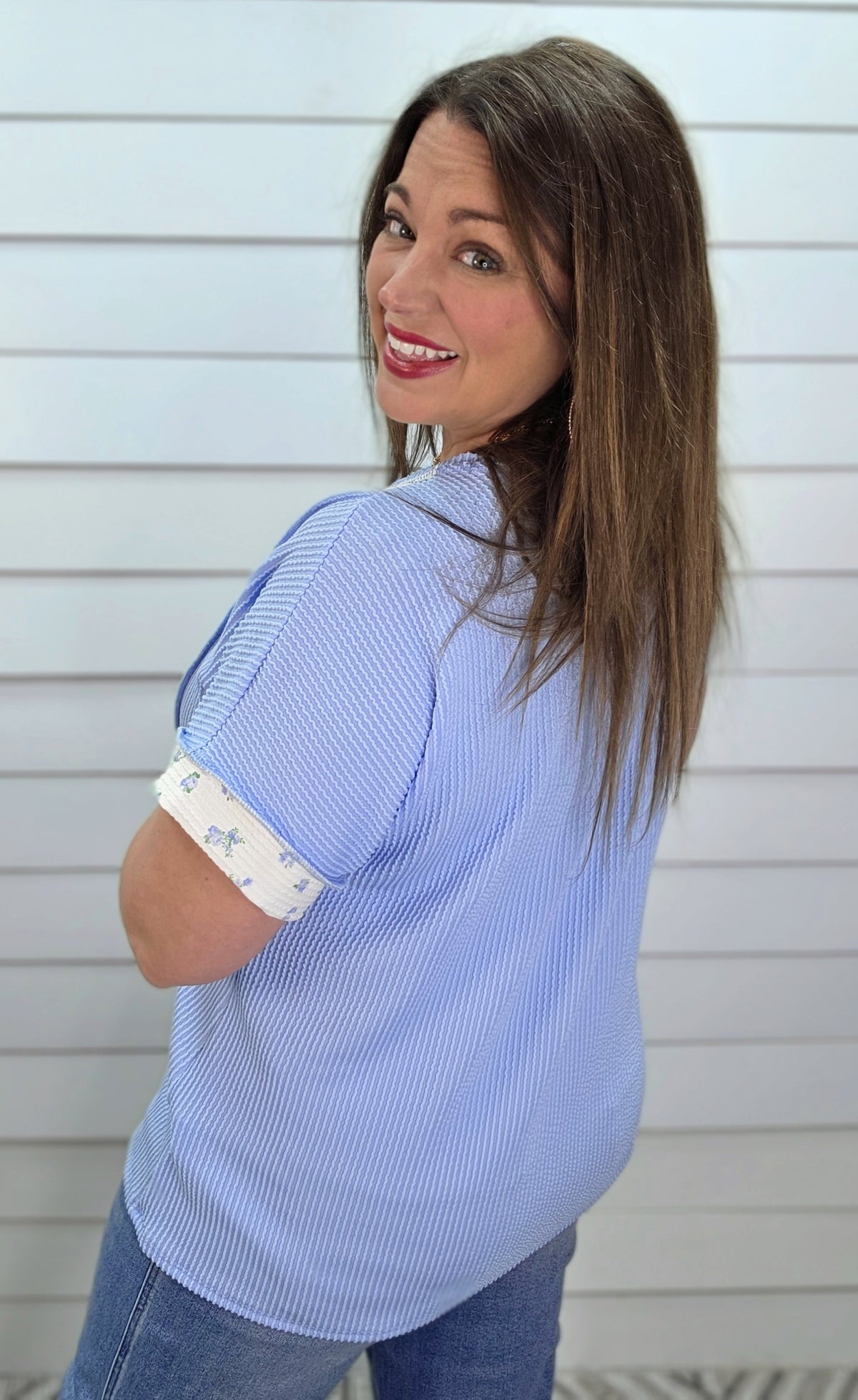 LT BLUE FLORAL/GINGHAM COLORBLOCK RASIED RIBBED KNIT TOP