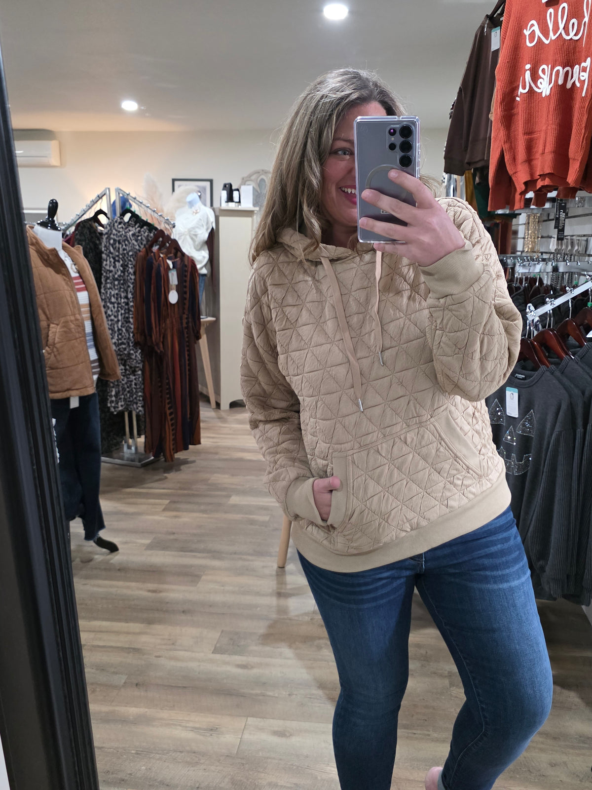 TAUPE QUILTED HOODIE PULLOVER WITH KANGAROO POCKET