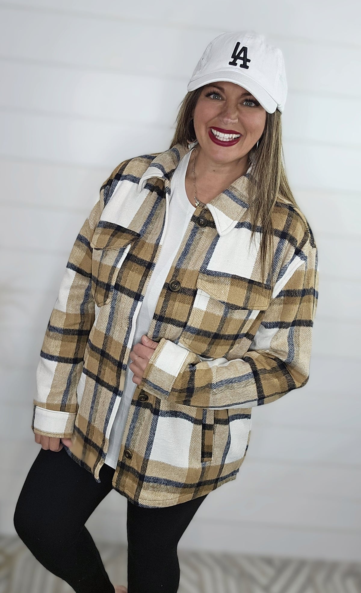 CAMEL/BLACK PLAID SHACKET