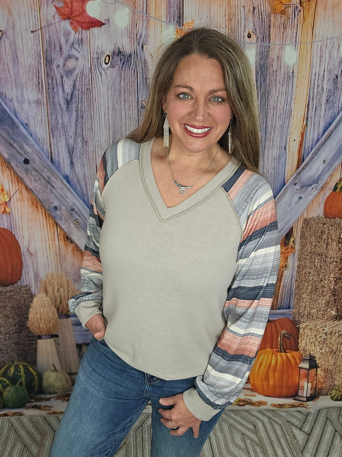 TAUPE BRUSHED KNIT V NECK TOP W/ STRIPED SLEEVES