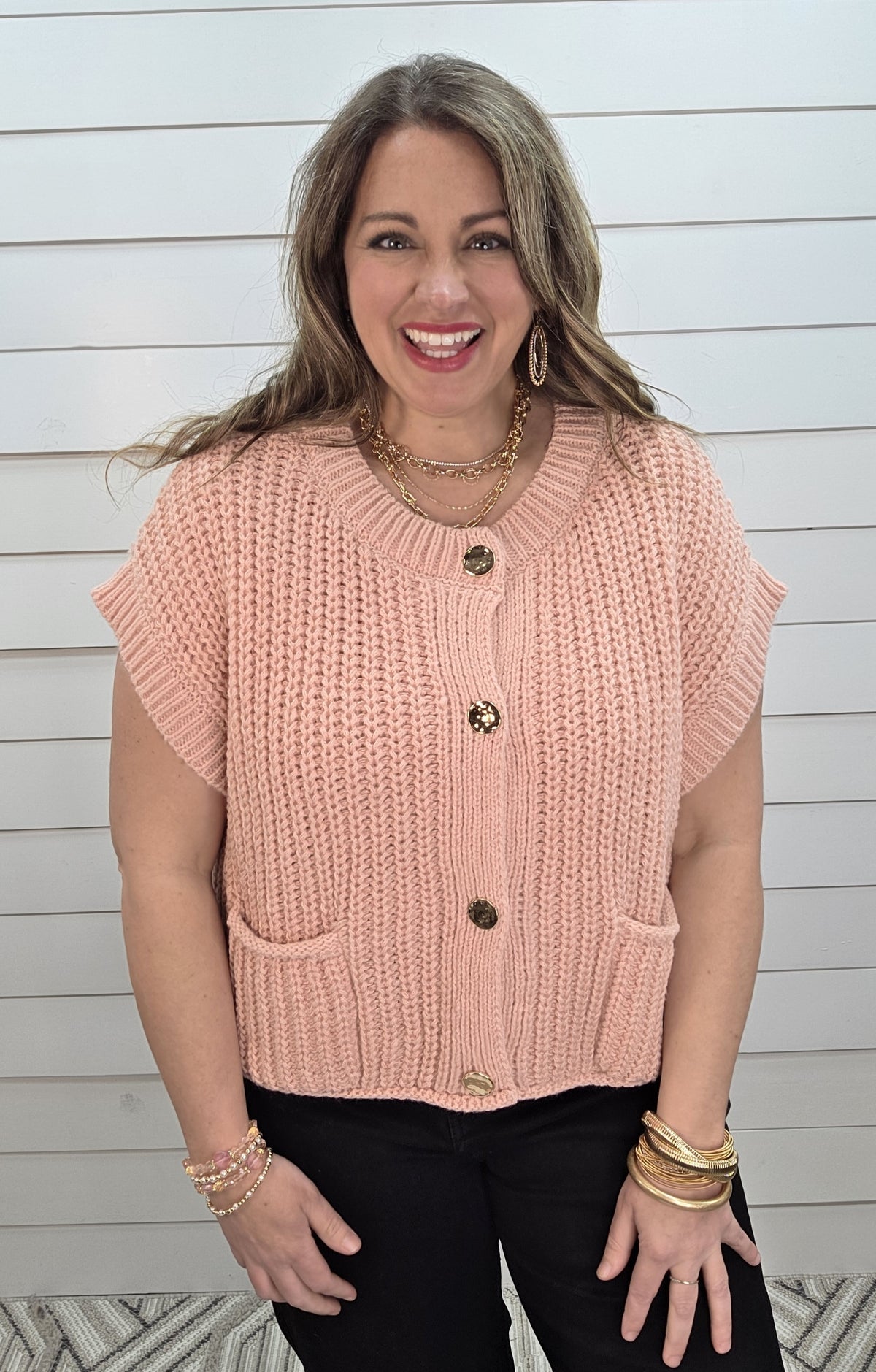 BLUSH CHUNKY SHORT SLEEVE GOLD BUTTON SWEATER
