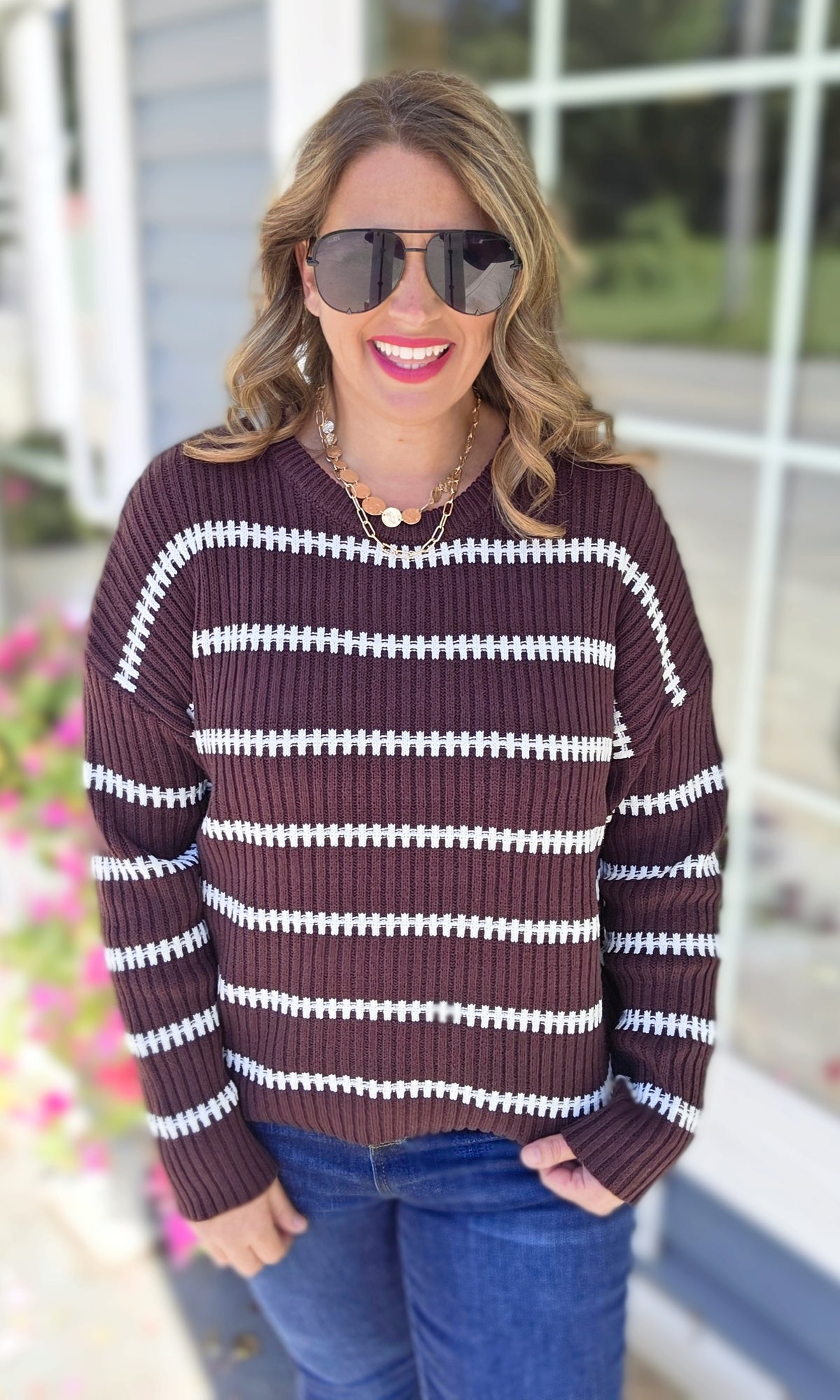 BROWN RIBBED STRIPED SWEATER