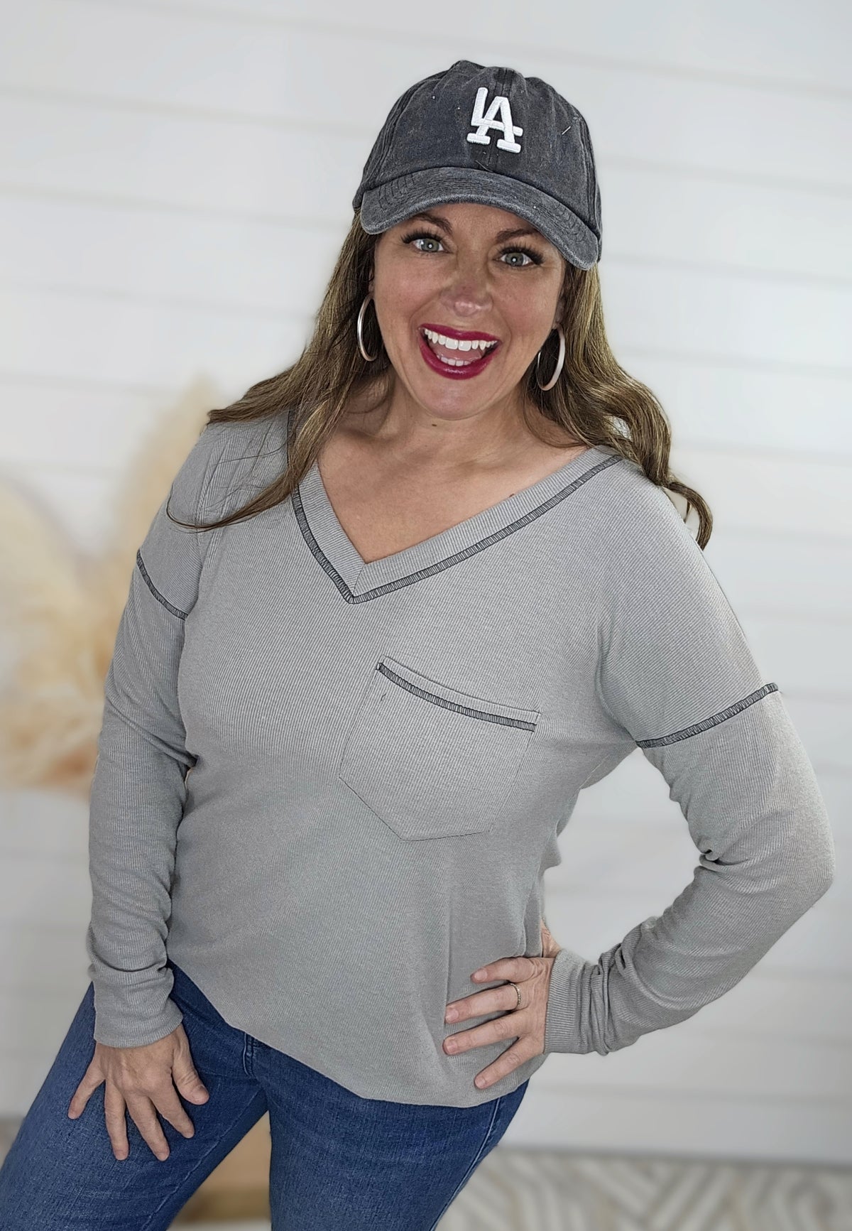 GREY BRUSHED RIBBED V NECK POCKET TOP