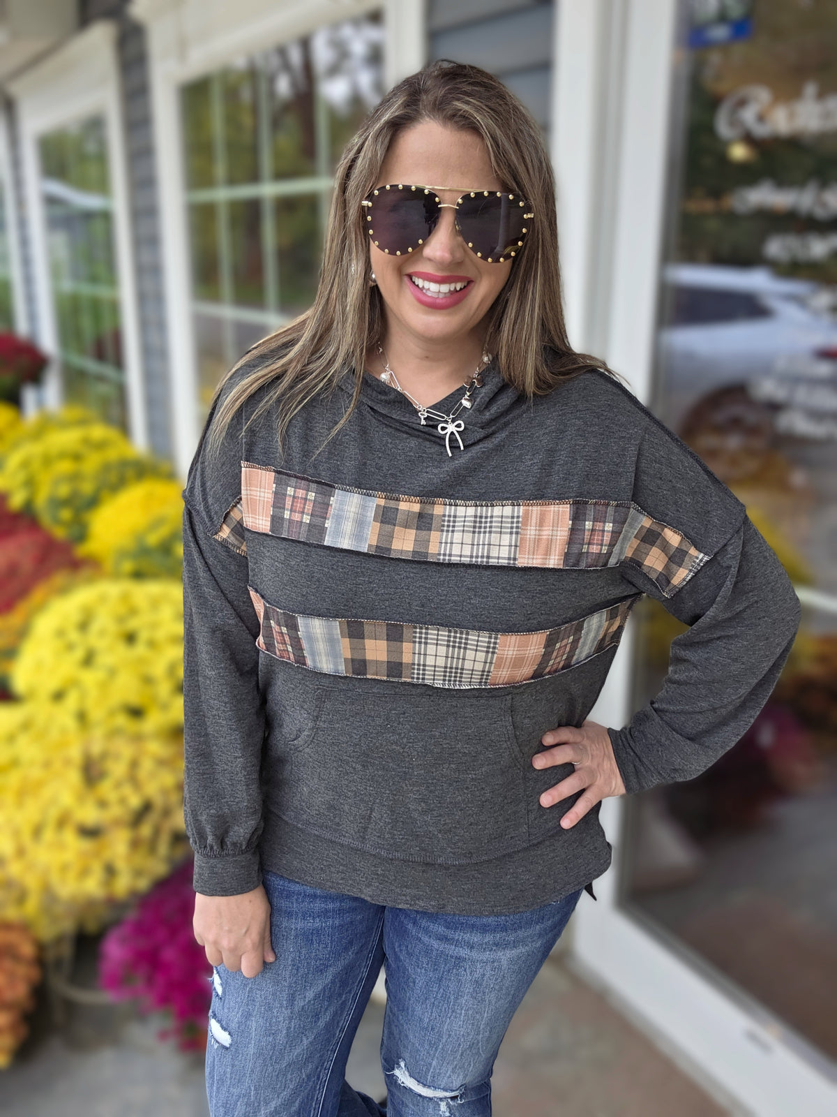 CHARCOAL PATCHWORK FRENCH TERRY LIGHT WEIGHT HOODIE