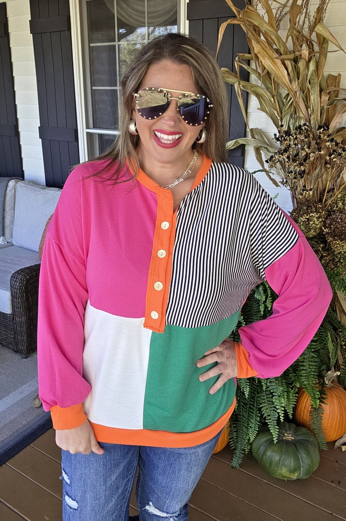 MULTI COLOR BLOCK FRENCH TERRY HENLEY TOP