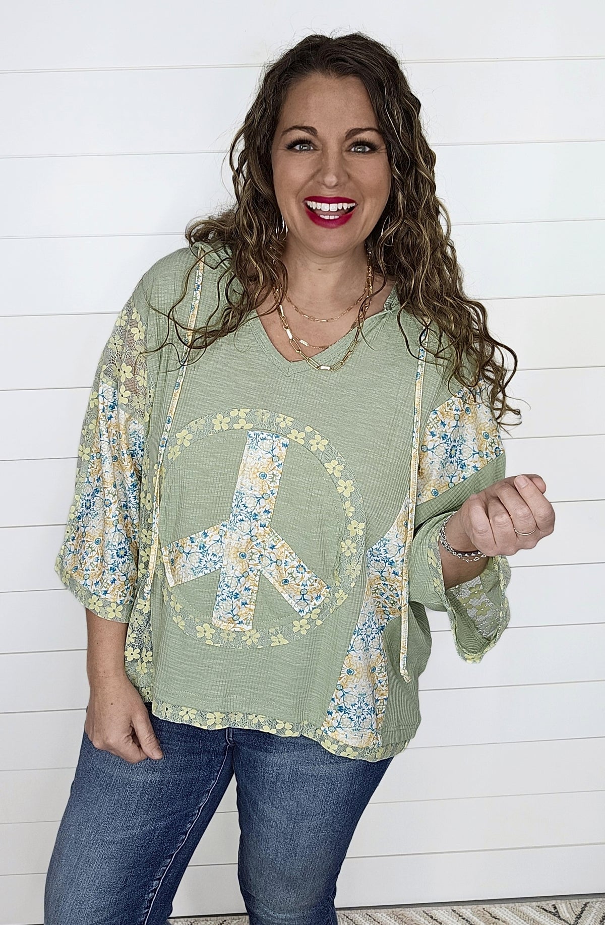 GREEN OVERSIZED HOODED PEACE FLORAL BOHO TOP