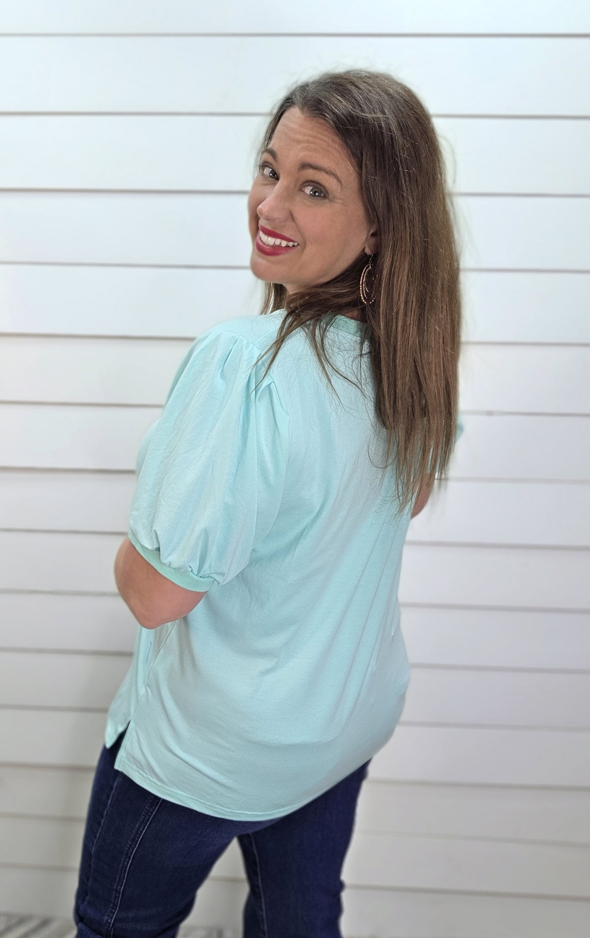 MINT V NECK PUFF SLEEVE KNIT TOP