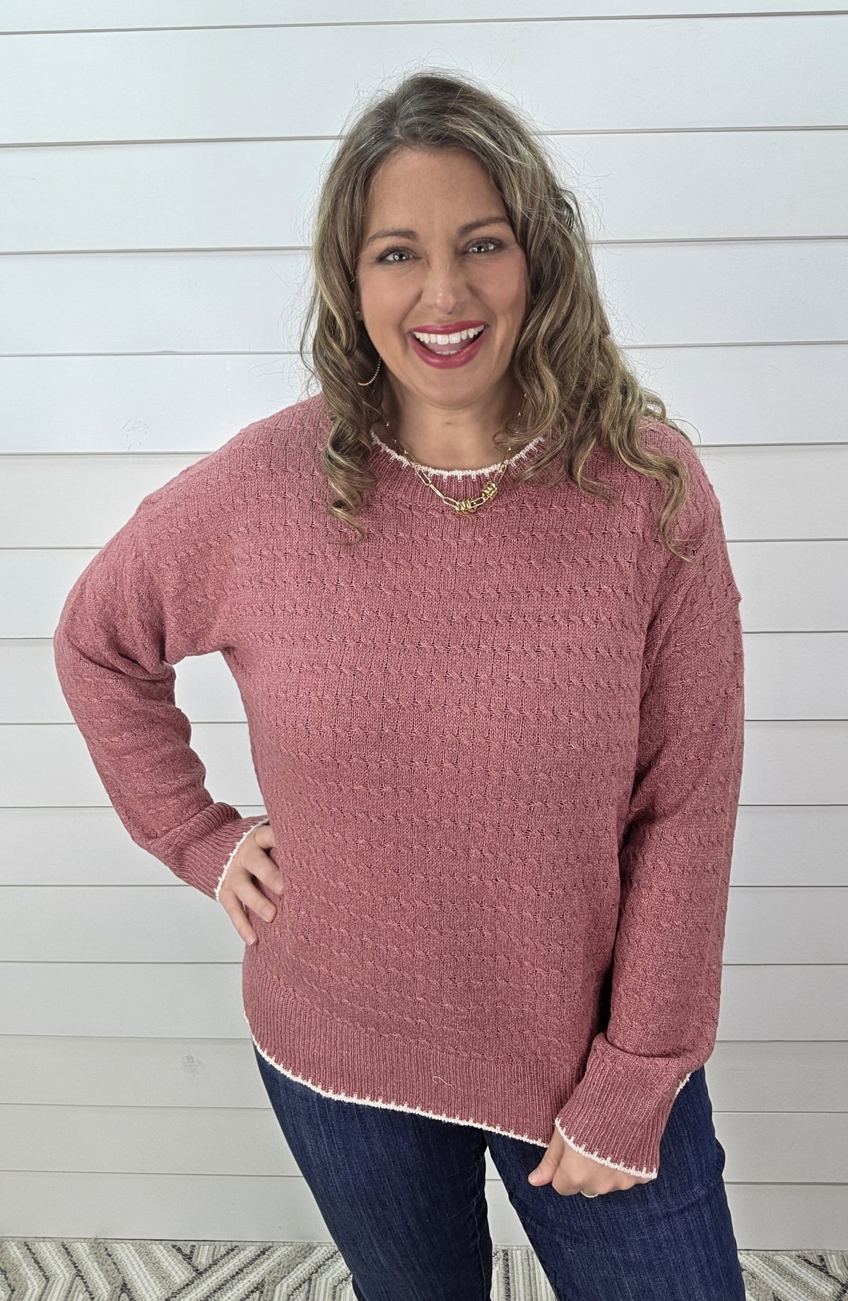 ROSE CABLE KNIT TEXTURED/ COLOR EDGE LIGHT WEIGHT SWEATER