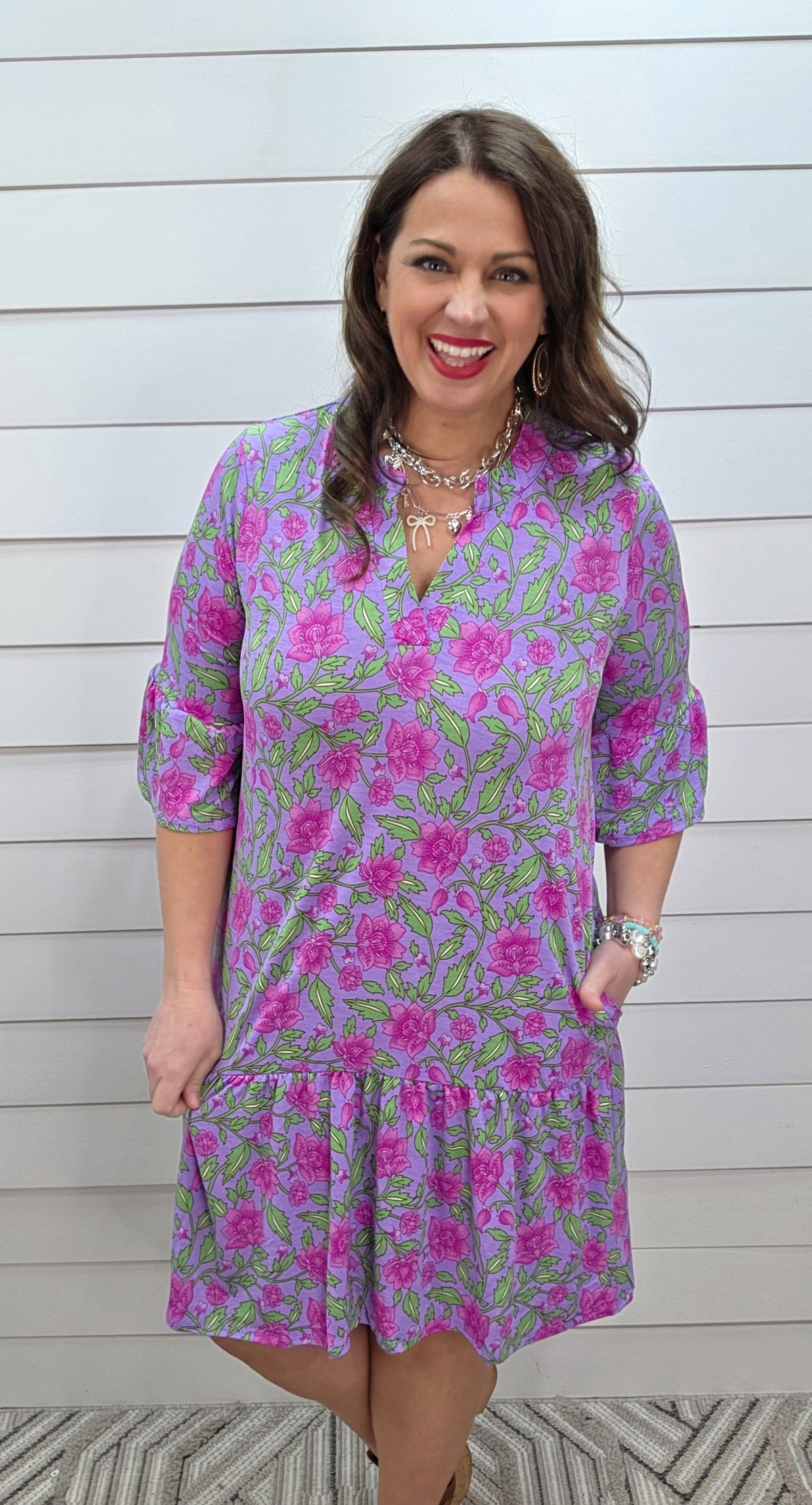 DEAR SCARLETT SUNDAY 3/4 SLEEVE RUFFLE DETAIL DRESS - LAVENDER/PINK FLORAL