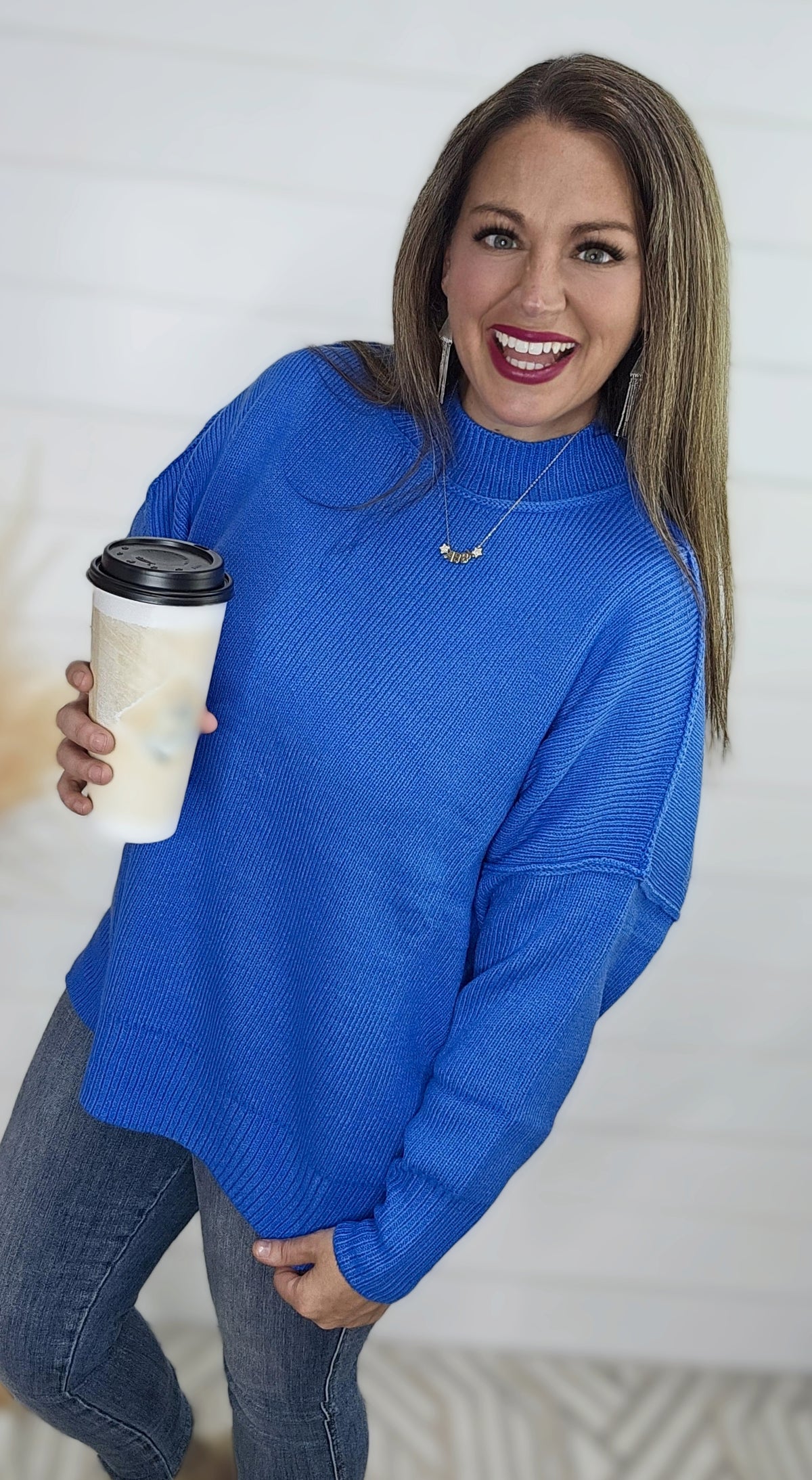 BLUE DROP SHOULDER OVERSIZED MOCK NECK SWEATER