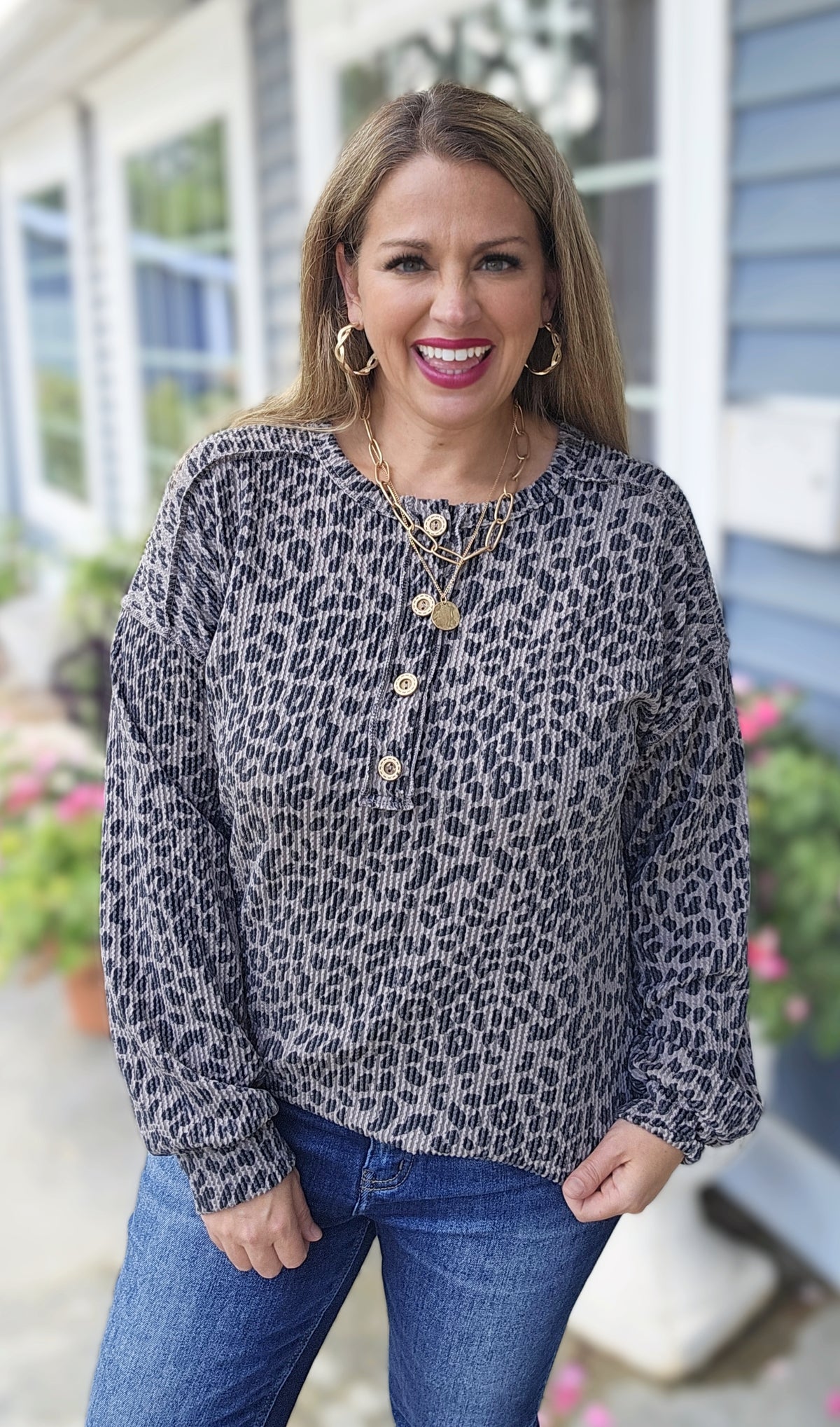 COCO ANIMAL HENLEY RAISED RIBBED LONG SLEEVE KNIT TOP