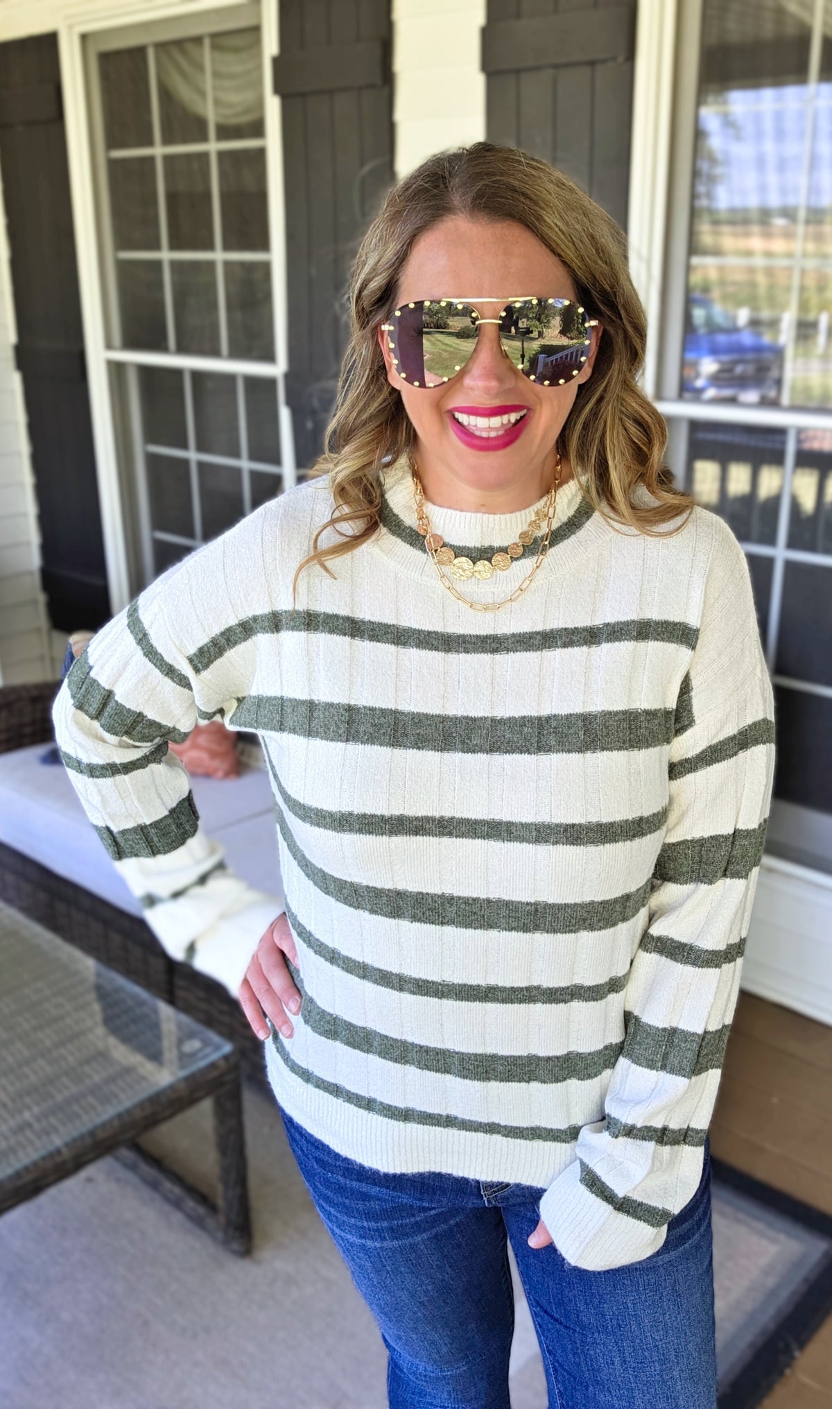 CREAM/DK SAGE STRIPED MOCK NECK PULLOVER SWEATER