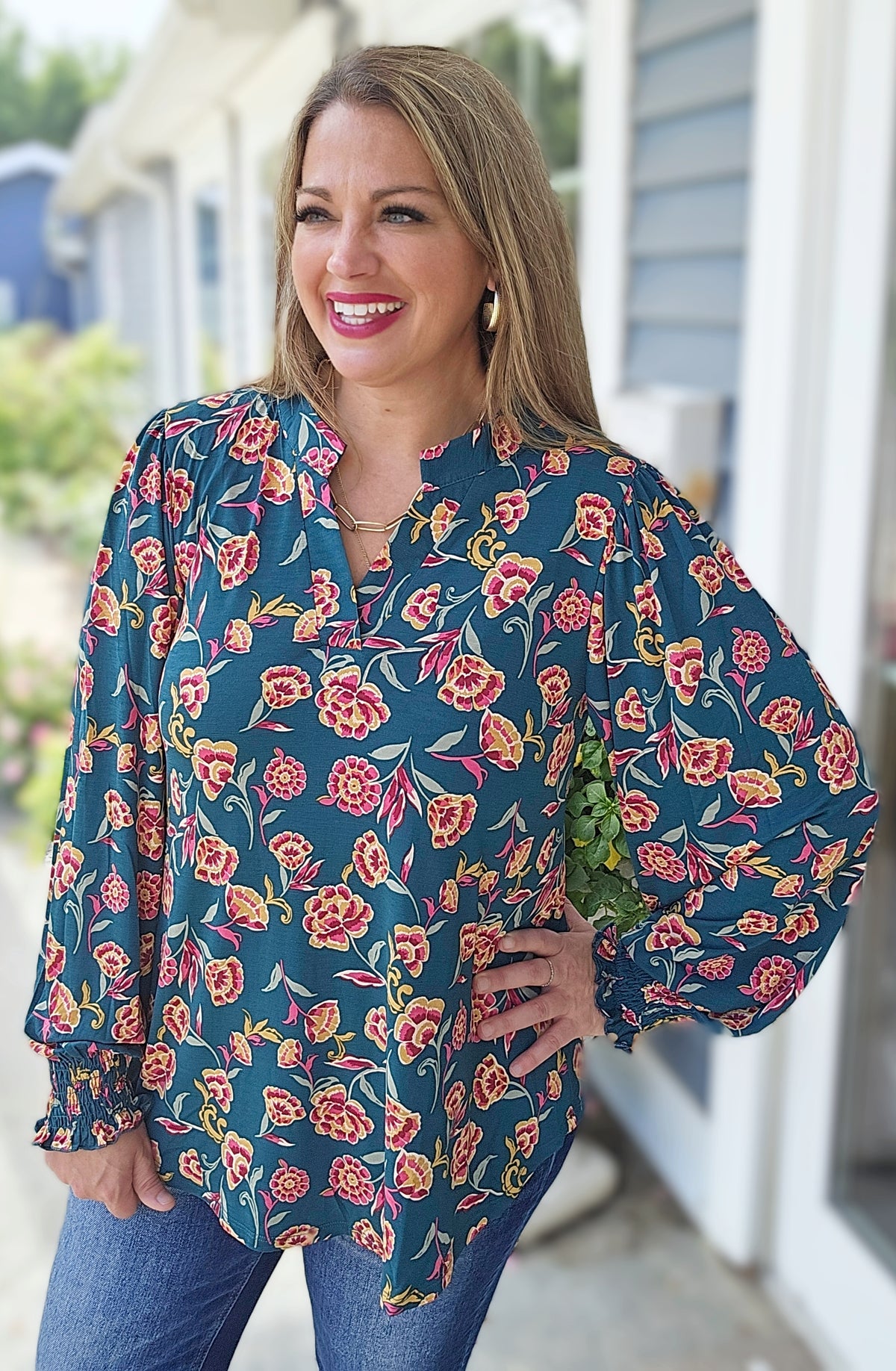DEAR SCARLETT JEWEL GREEN FLORAL LONG SLEEVE SMOCKED LIZZY