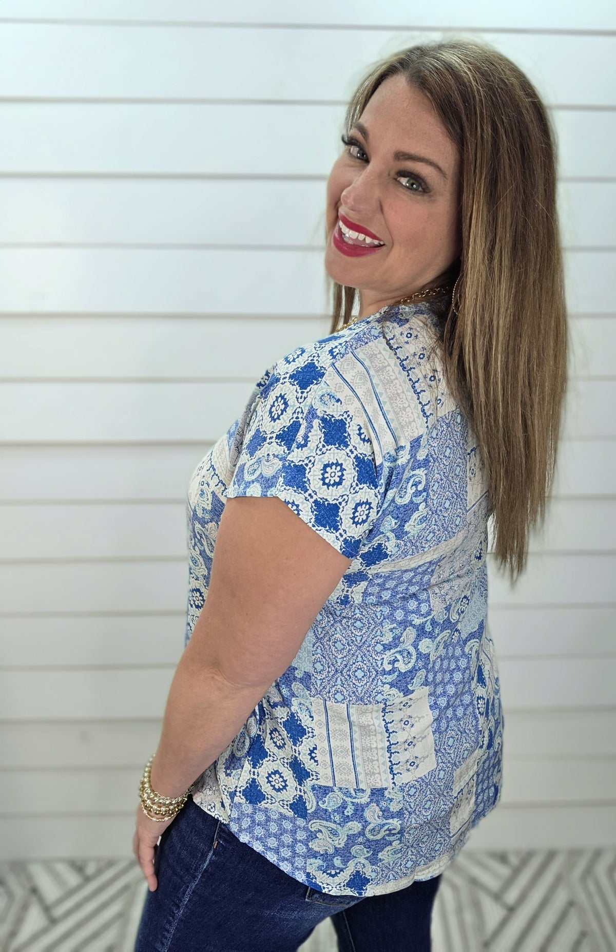 BLUE PATCHWORK WOVEN V NECK TOP