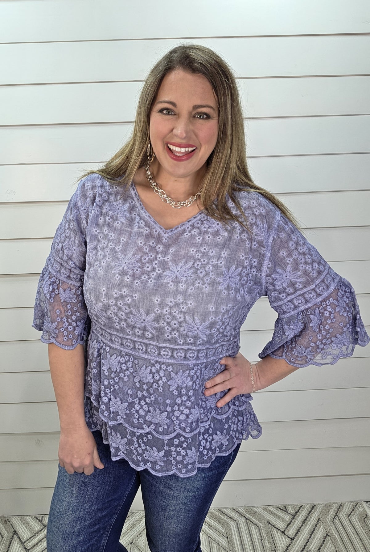 BLUE MINERAL WASH CROCHET LACE TOP