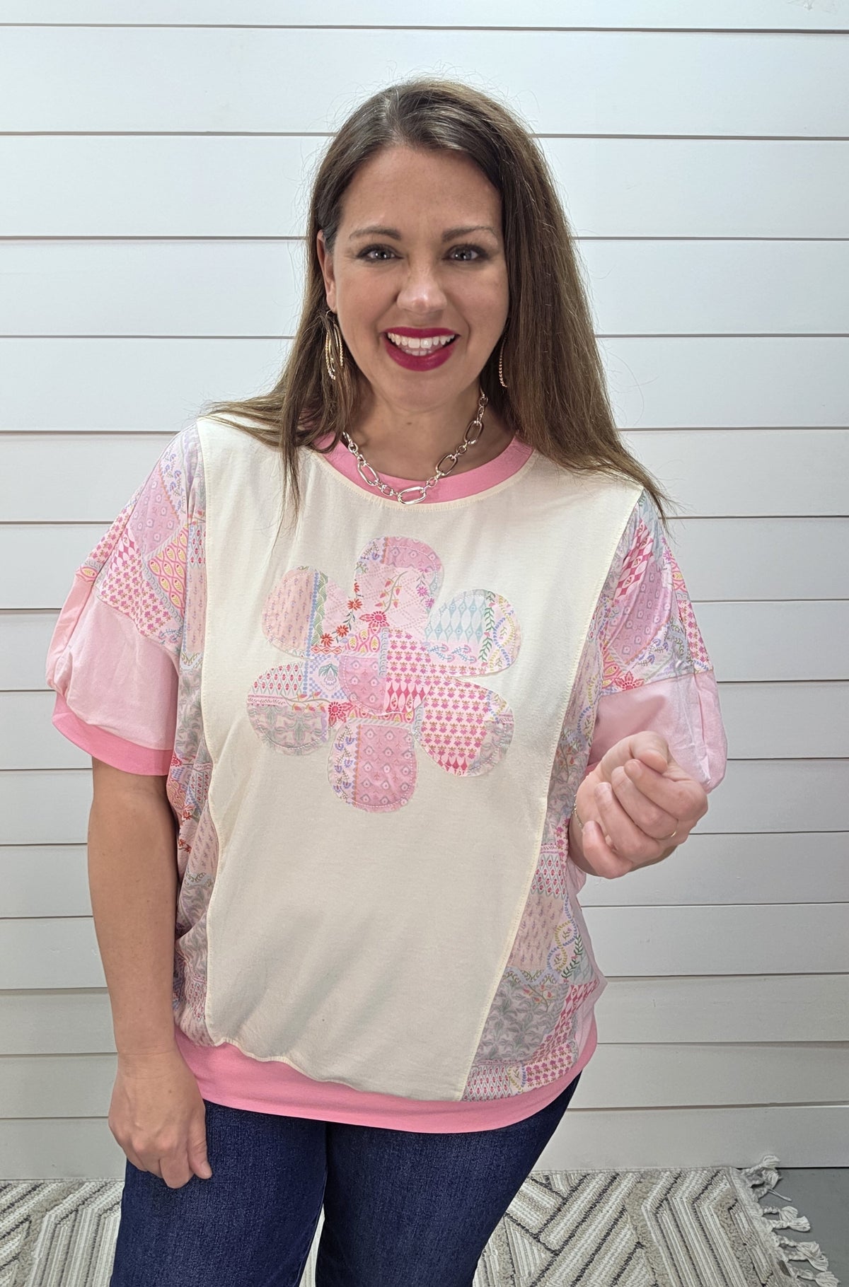 BEIGE/PINK BIG FLORAL PATCHWORK KNIT TOP