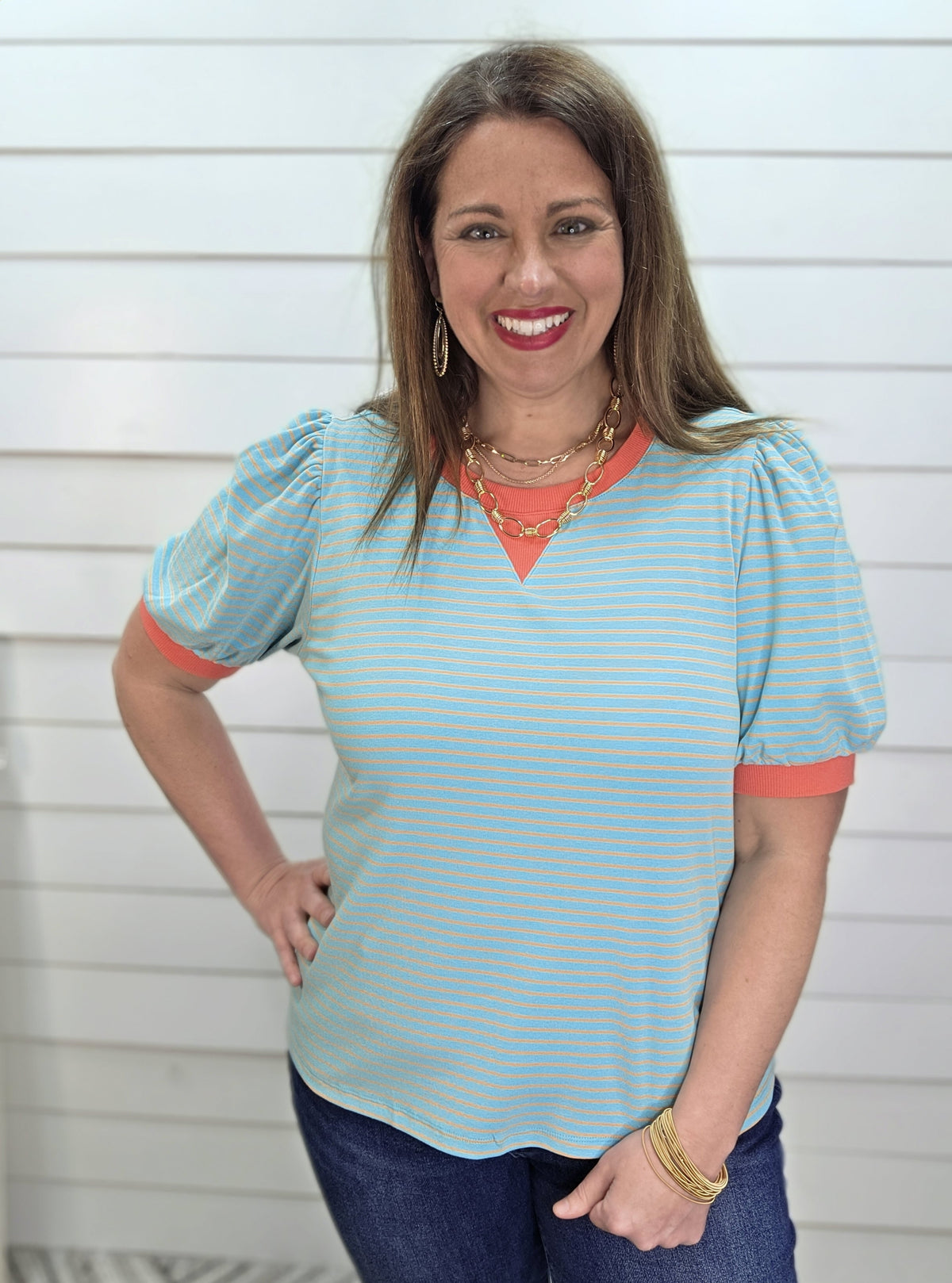 MINT/CORAL STRIPED PUFF SLEEVE KNIT TOP