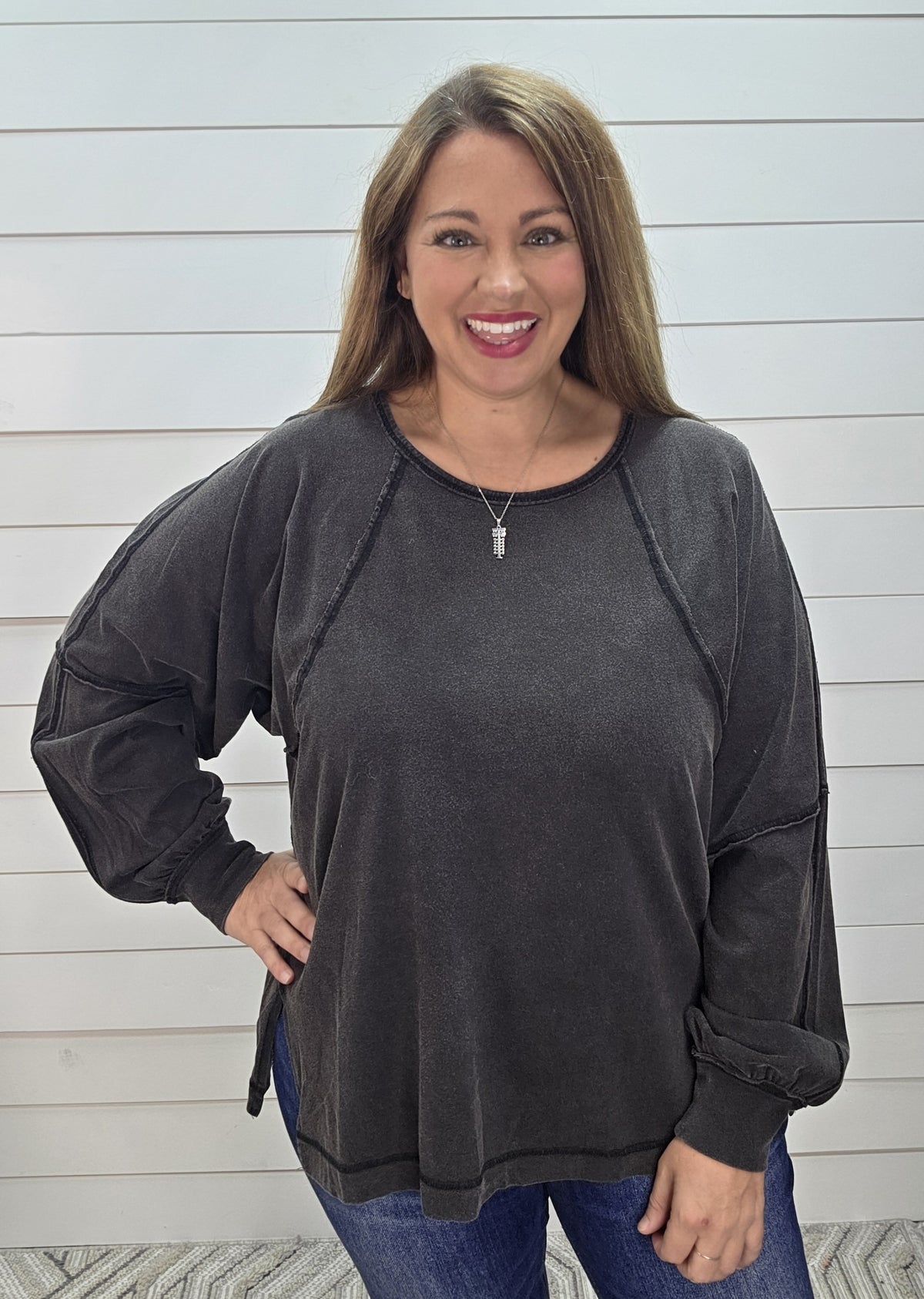 BLACK MINERAL WASH LOOSE FIT LONG SLEEVE TOP