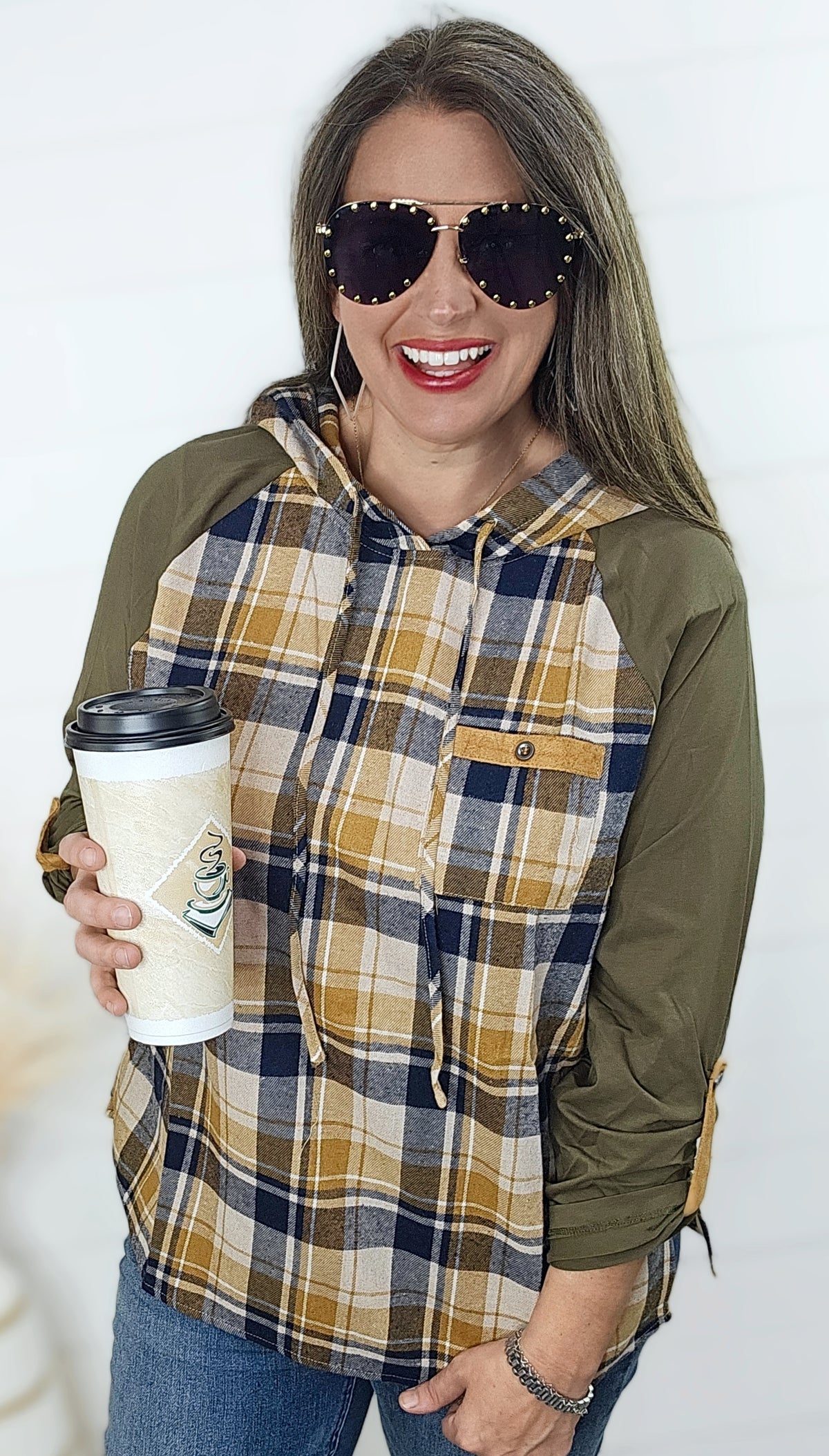 MUSTARD/OLIVE PLAID RAGLAN HOODED TOP W/ ROLL UP SLEEVE