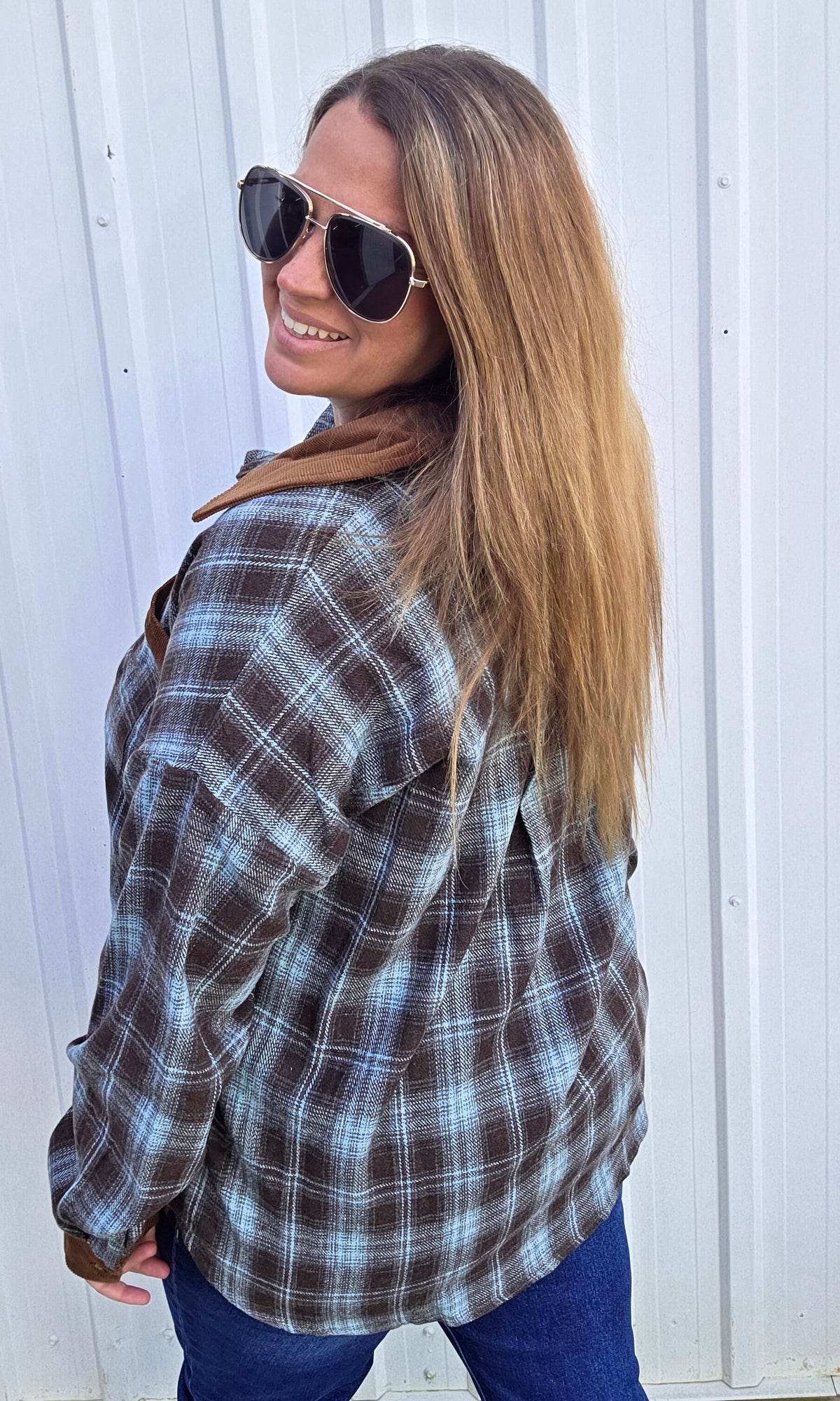 Blue Collared, Corded Patch Pocket, Front Button Down, Brushed Plaid Top