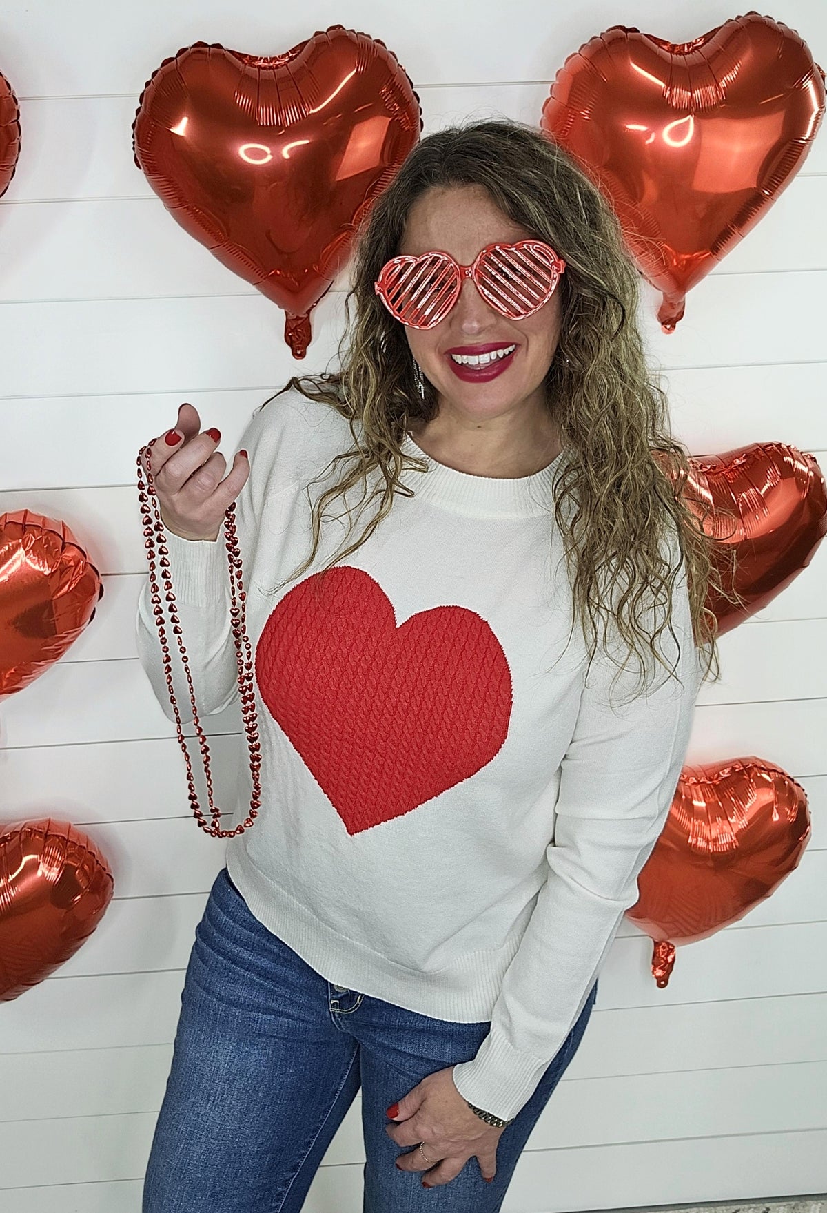 CREAM SWEATER WITH RED LARGE HEART