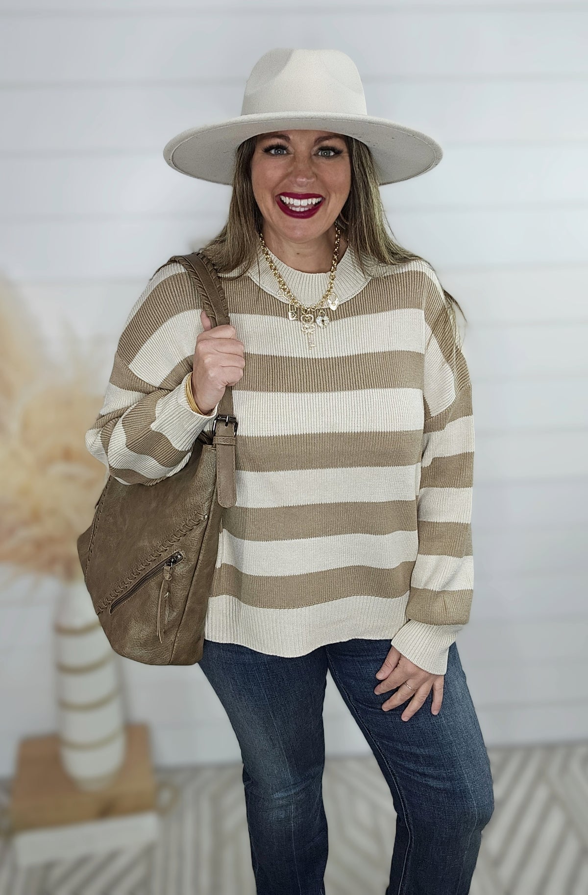 TAUPE STRIPED KNIT COTTON BLEND SWEATER