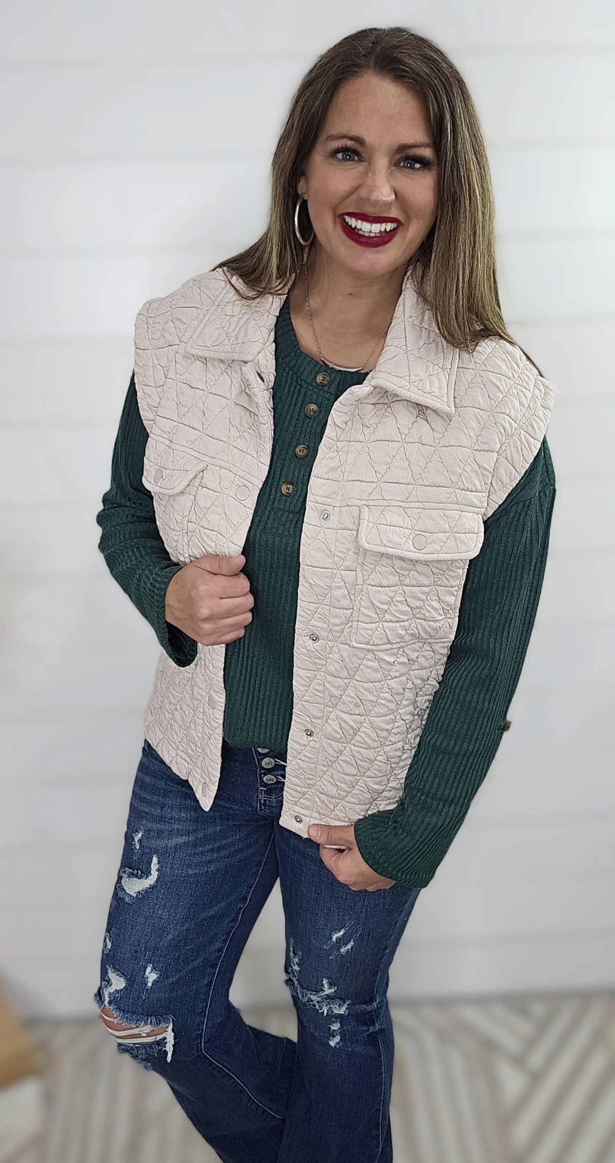 OATMEAL QUILTED SNAP BUTTON VEST