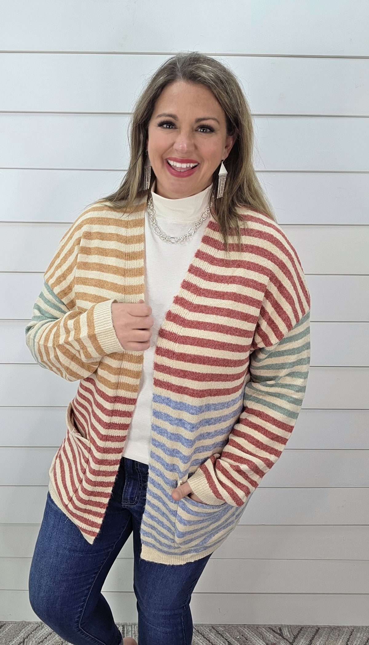 CAMEL/BERRY STRIPED COLORBLOCK KNIT CARDIGAN