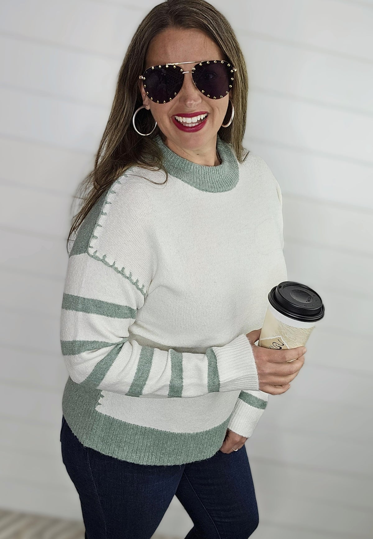 D MINT BLANKET STITCH STRIPED SLEEVES PULLOVER SWEATER