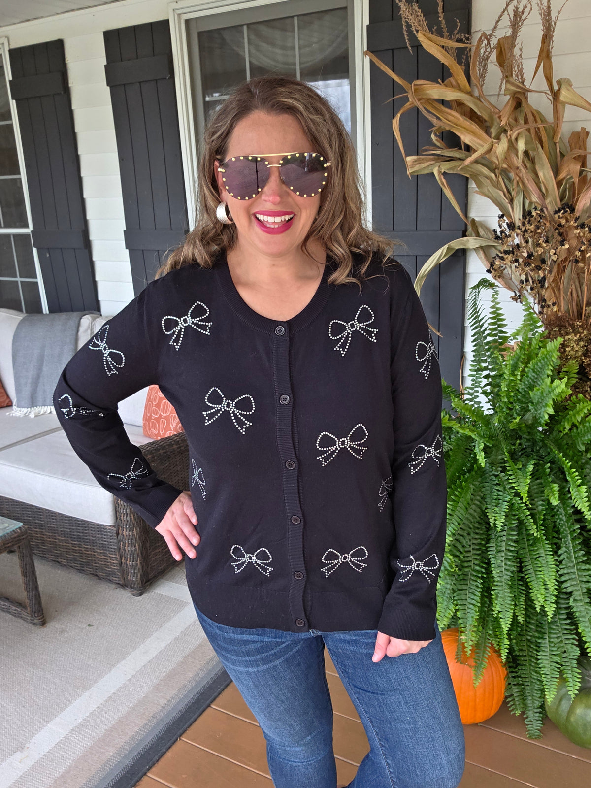 BLACK BOW RHINESTONE BUTTON SWEATER