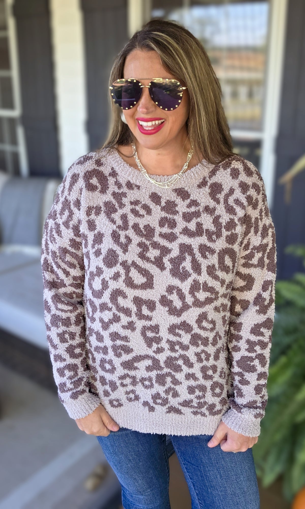 MOCHA ANIMAL ULTRA SOFT FUZZY ANIMAL PRINT SWEATER PULLOVER