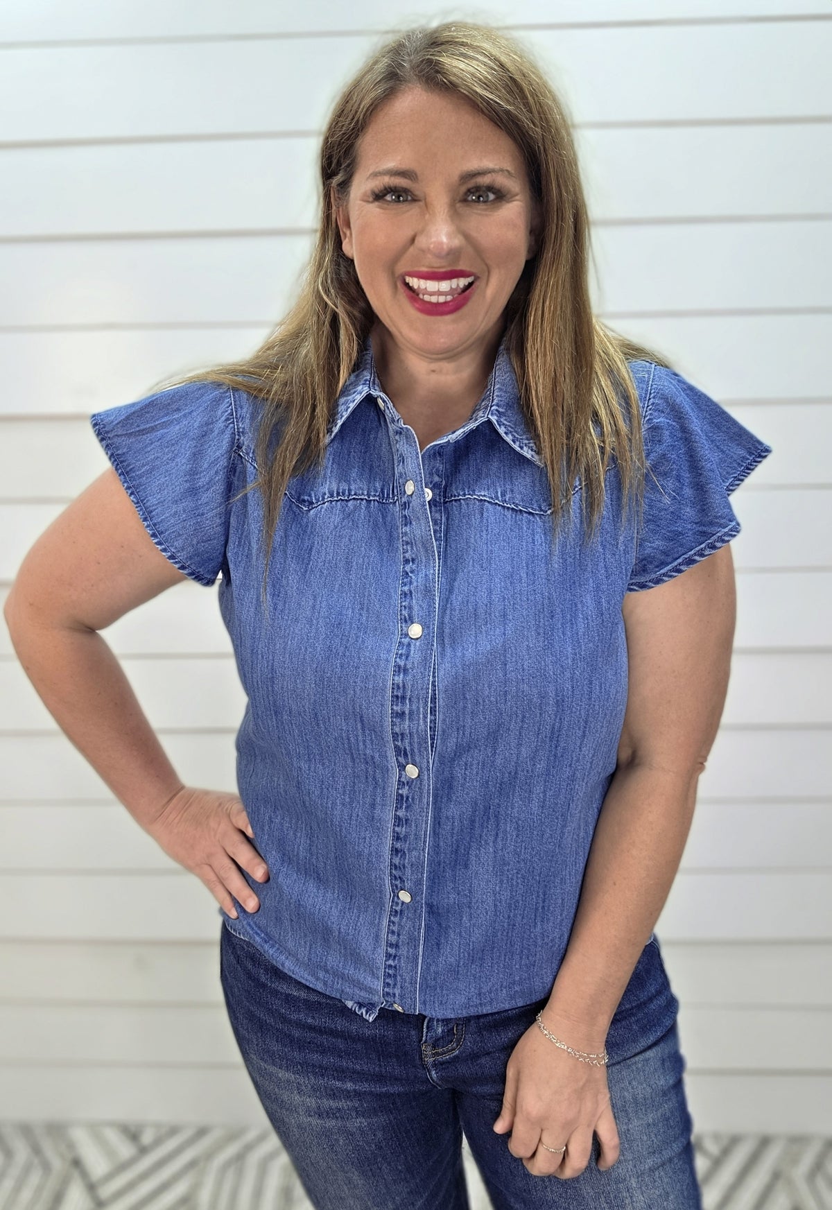 DENIM SHORT SLEEVE BUTTON DOWN RUFFLE SLEEVE TOP